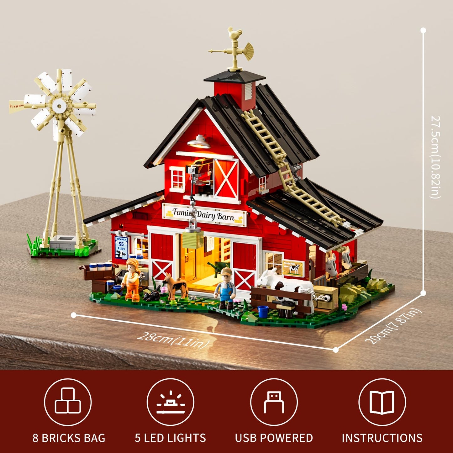FUNWHOLE Farm Cow-Barn Lighting Building-Bricks Set – 1368 Pcs LED Farm Scene for Adults & Teens