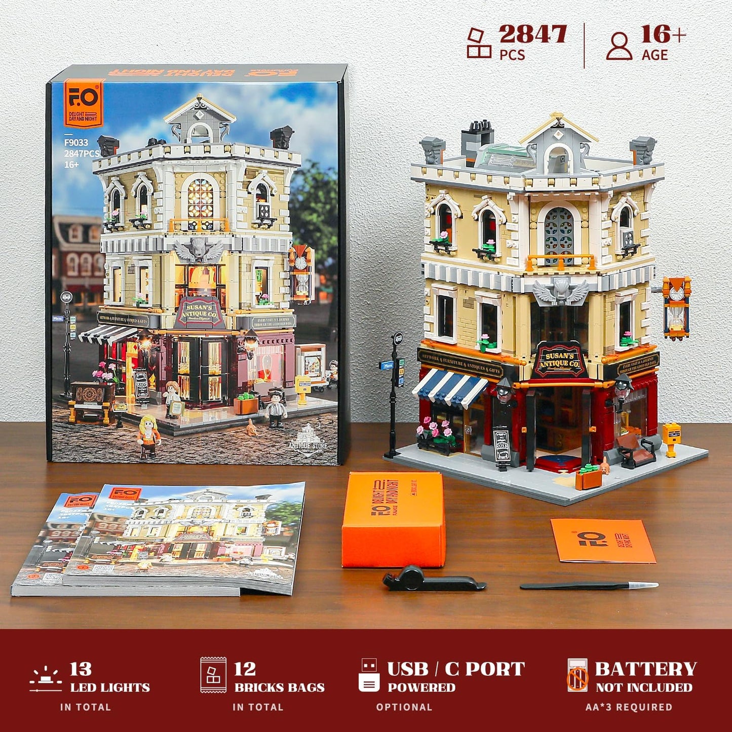 FUNWHOLE Antique-Store Lighting Building-Bricks Set | 2847 Pcs Modular City Town Shop