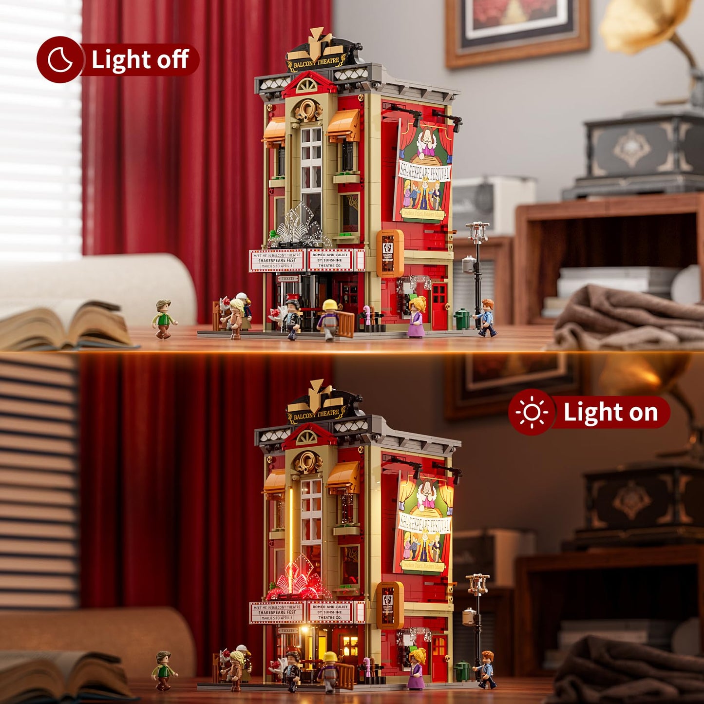 FUNWHOLE Balcony-Theatre Lighting Building-Bricks Set | City Town Creator House LED Kit (2445 Pcs)
