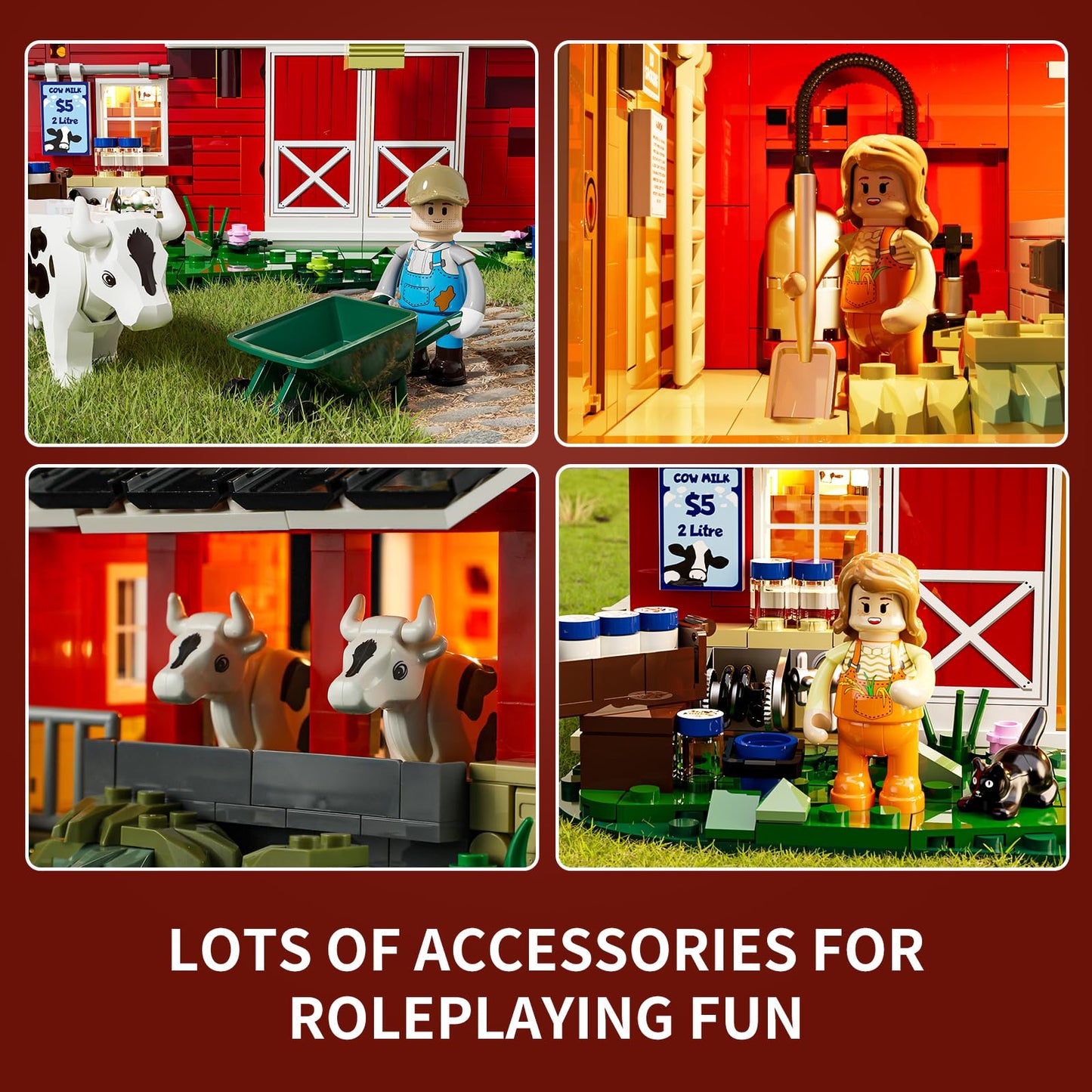 FUNWHOLE Farm Cow-Barn Lighting Building-Bricks Set – 1368 Pcs LED Farm Scene for Adults & Teens