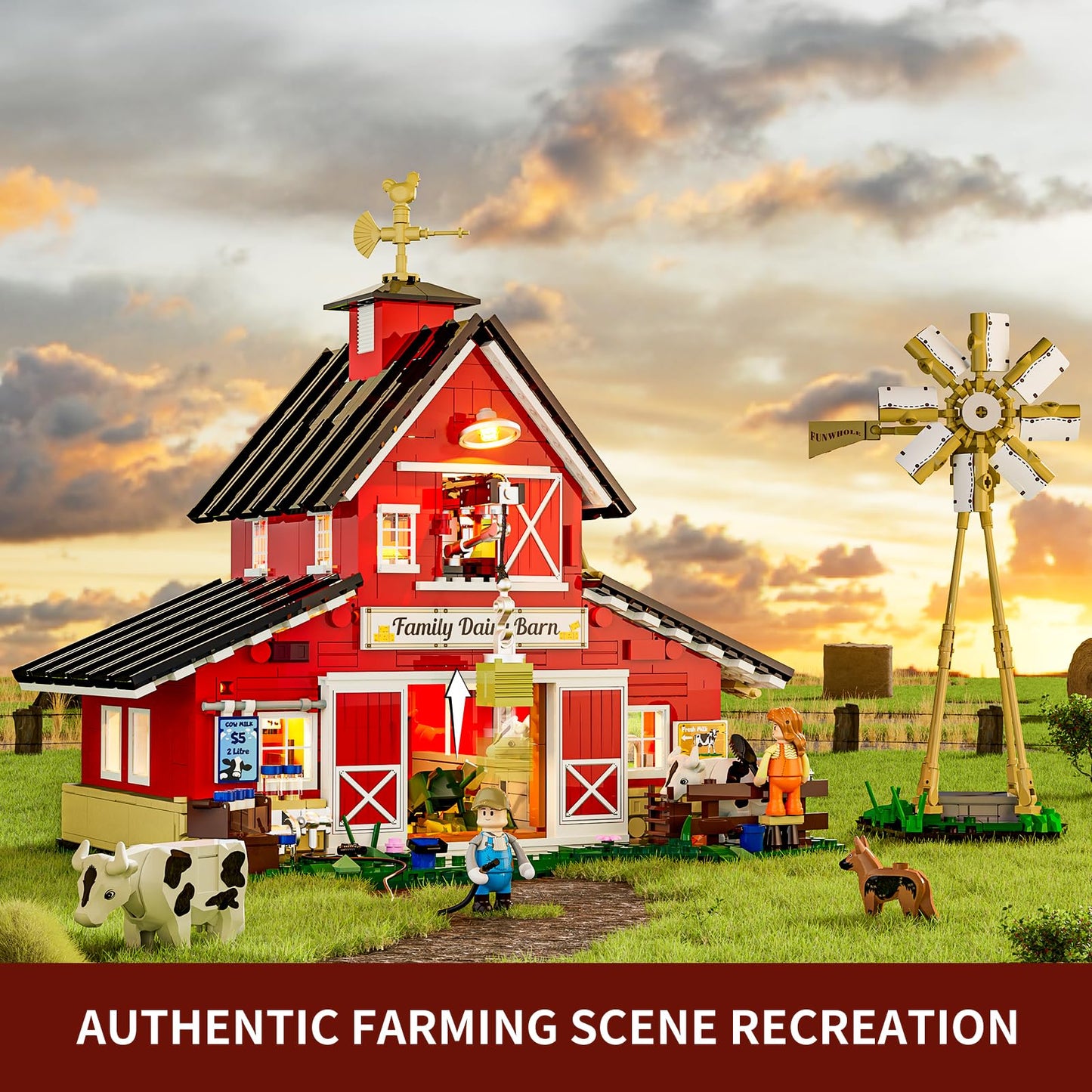 FUNWHOLE Farm Cow-Barn Lighting Building-Bricks Set – 1368 Pcs LED Farm Scene for Adults & Teens