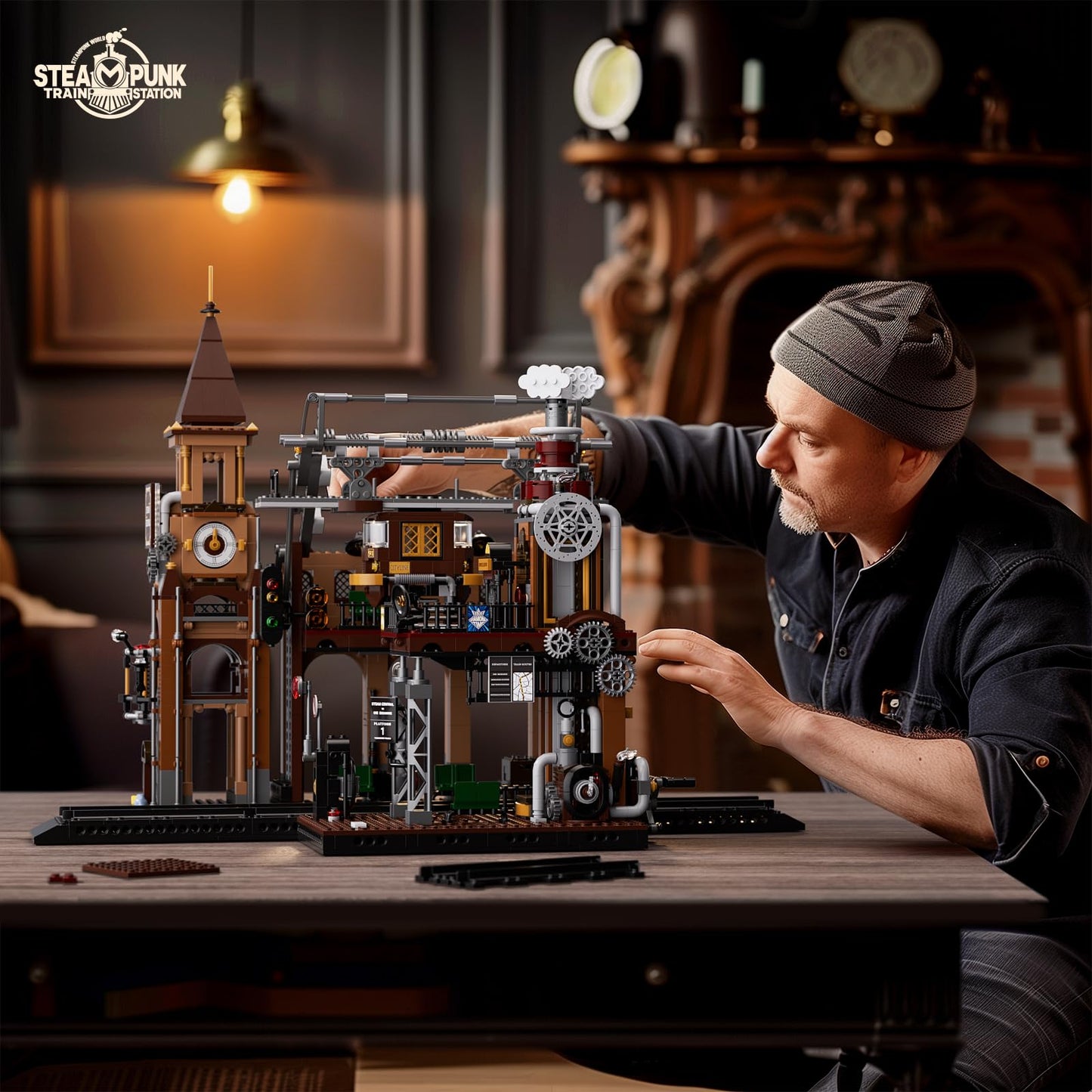 FUNWHOLE Train-Station Lighting Bricks Set – Steampunk LED Build Kit (1843 Pieces)