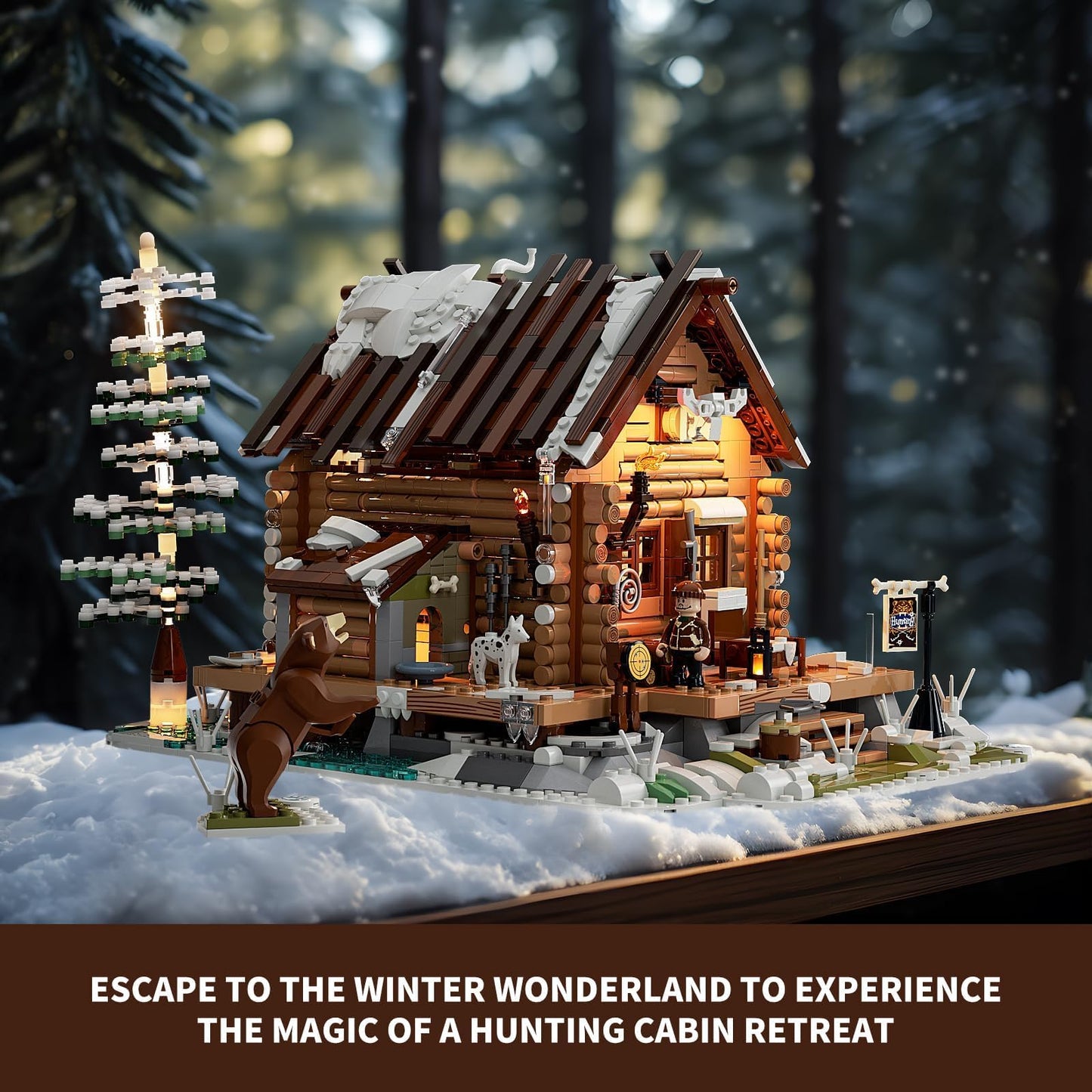 FUNWHOLE Hunting-Cabin Lighting Building Bricks Set | 2036-Piece LED Cabin Kit for Adults and Teens
