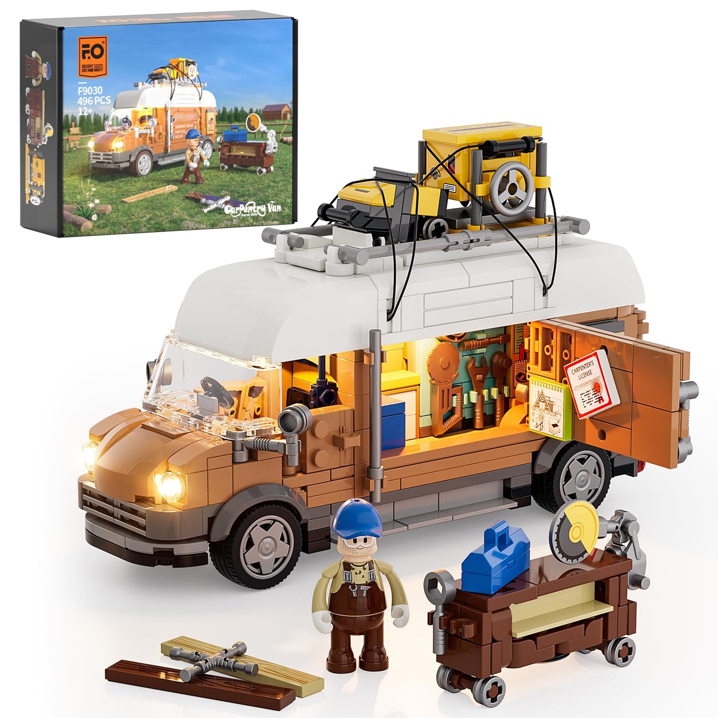 FUNWHOLE Carpentry Van Lighting Building-Bricks Set – 496 Pcs for Adults and Teens