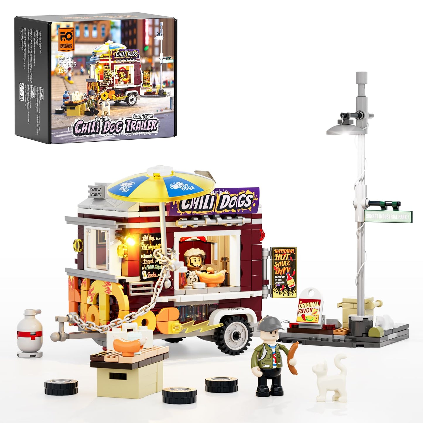 FUNWHOLE Chili Dog Trailer Lighting Bricks Set – Street Fusion City Town LED Food Truck (515 Pcs)
