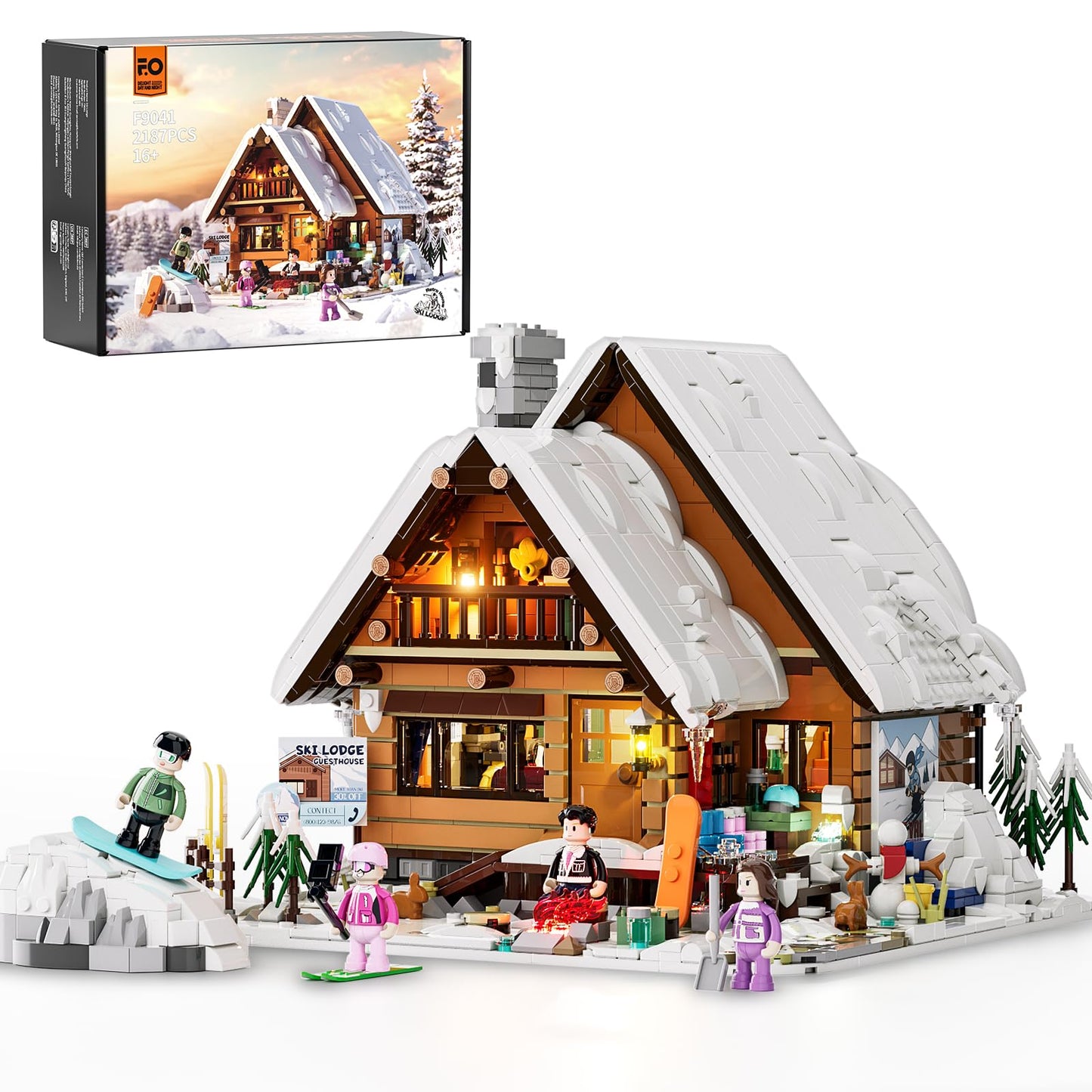 FUNWHOLE Christmas Ski-Cabin Lighting Building-Bricks Set – 2187 Pcs for Adults & Teens