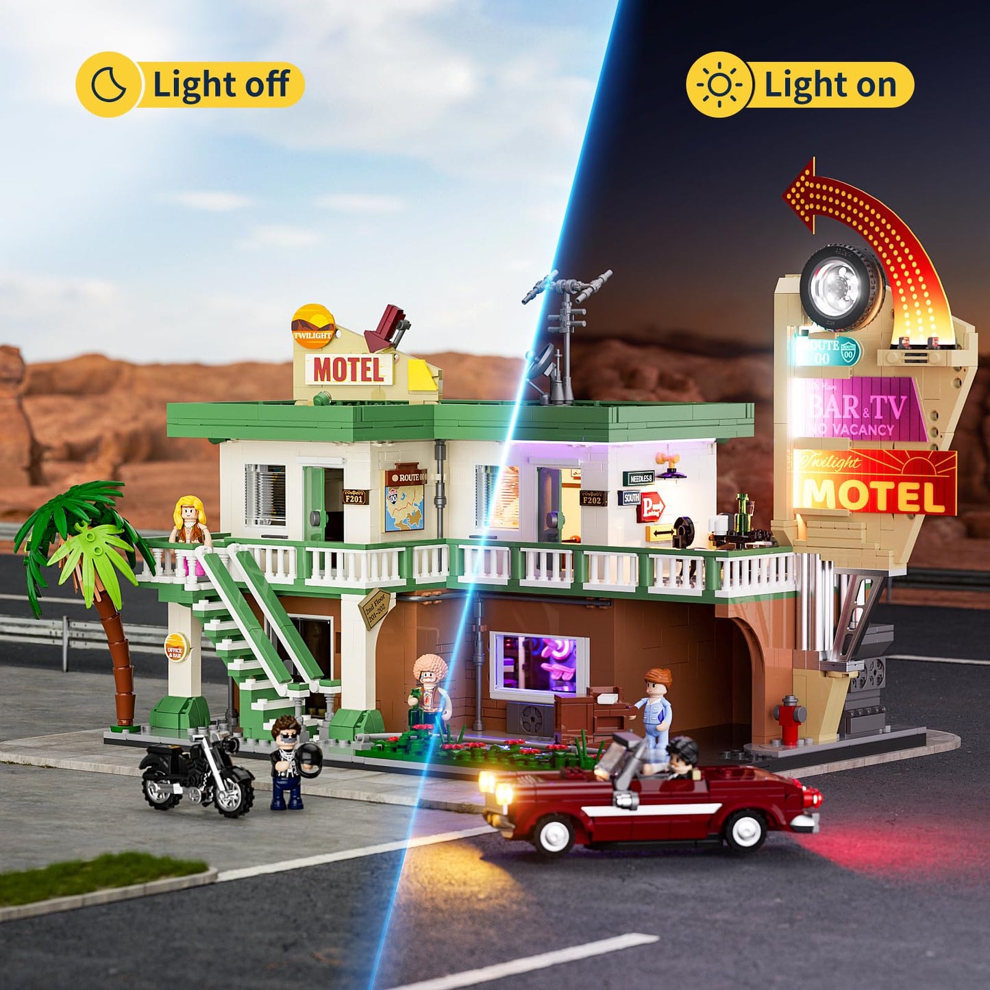 FUNWHOLE City Car-Hotel Lighting Building Bricks Set – 1,970-Piece Road Trip Modular Motel Collection
