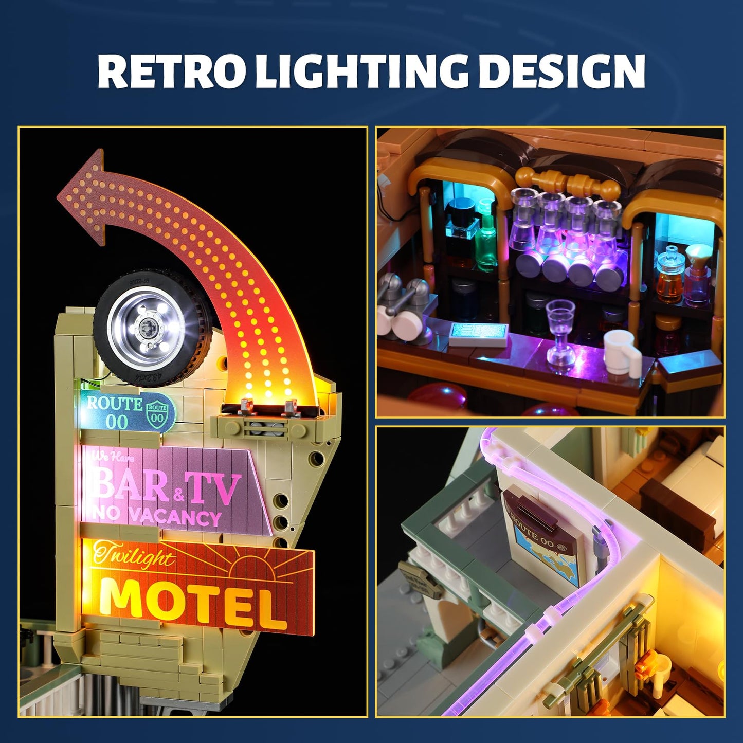 FUNWHOLE City Car-Hotel Lighting Building Bricks Set – 1,970-Piece Road Trip Modular Motel Collection