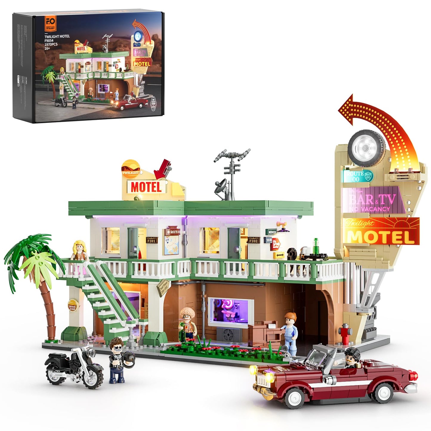 FUNWHOLE City Car-Hotel Lighting Building Bricks Set – 1,970-Piece Road Trip Modular Motel Collection