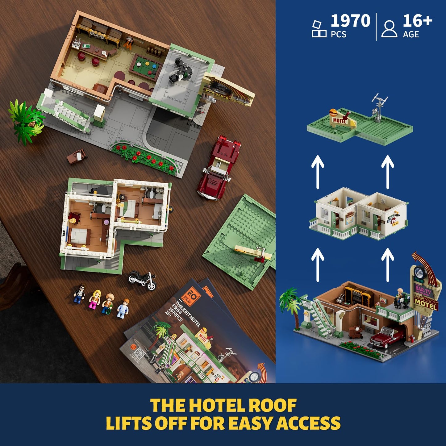 FUNWHOLE City Car-Hotel Lighting Building Bricks Set – 1,970-Piece Road Trip Modular Motel Collection