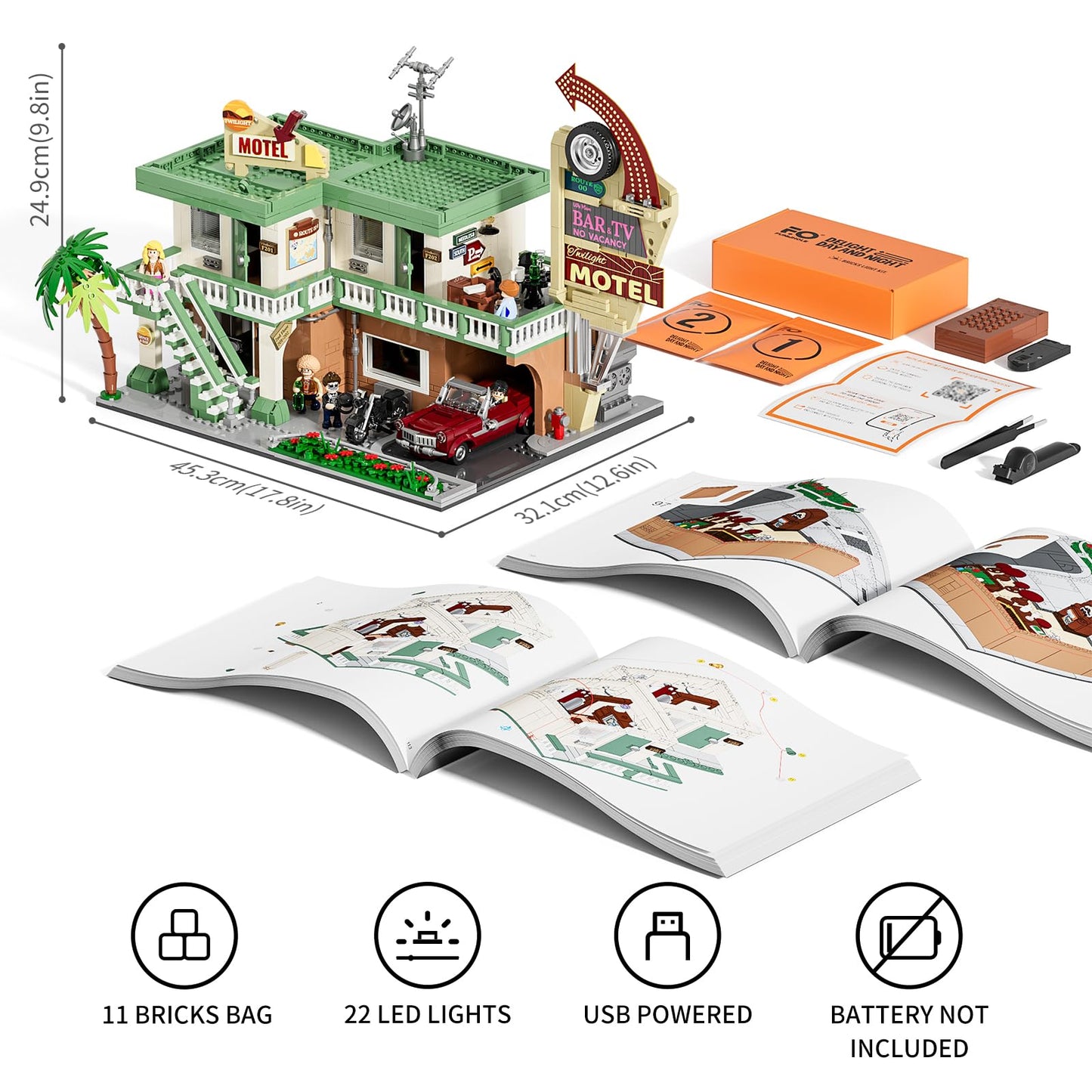 FUNWHOLE City Car-Hotel Lighting Building Bricks Set – 1,970-Piece Road Trip Modular Motel Collection