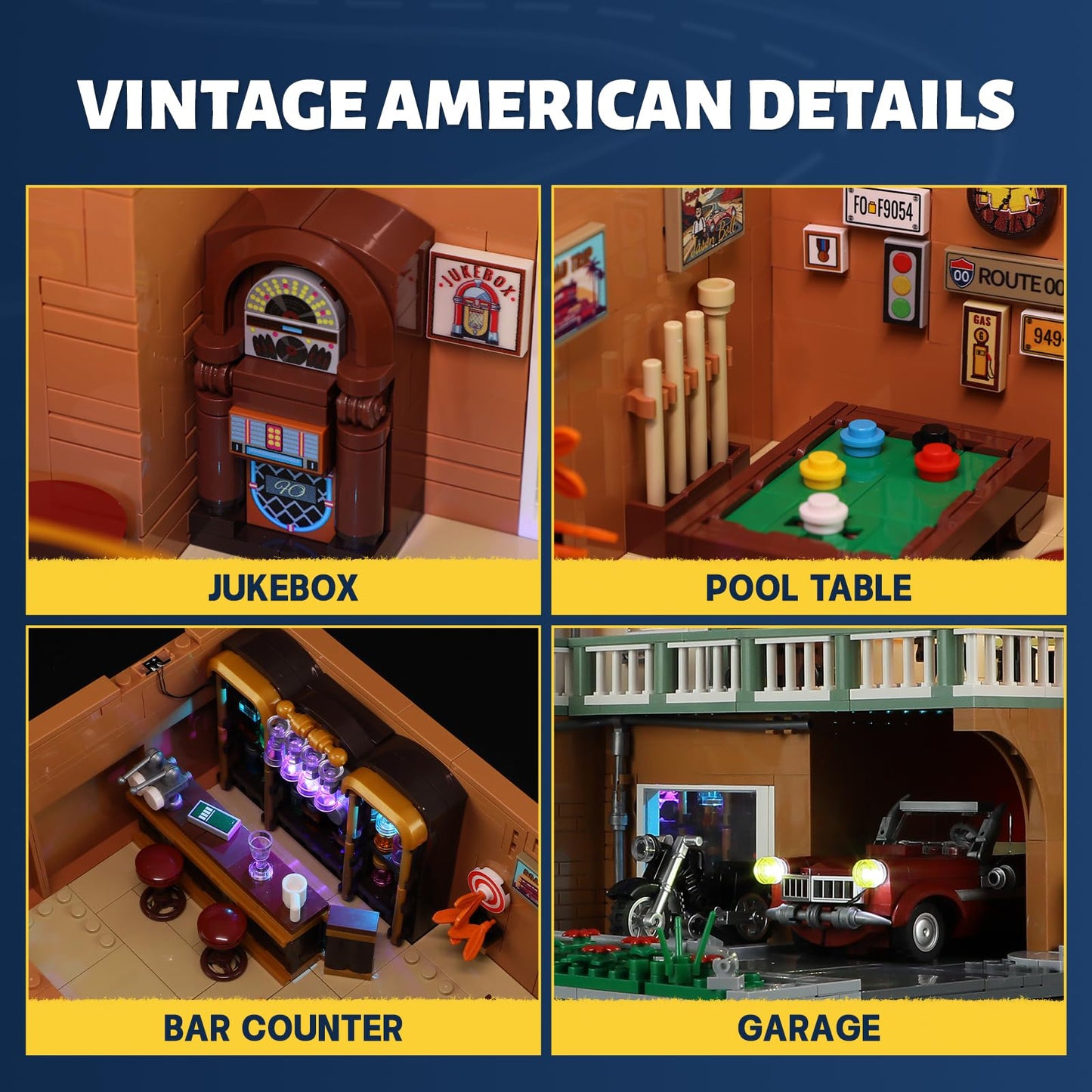 FUNWHOLE City Car-Hotel Lighting Building Bricks Set – 1,970-Piece Road Trip Modular Motel Collection