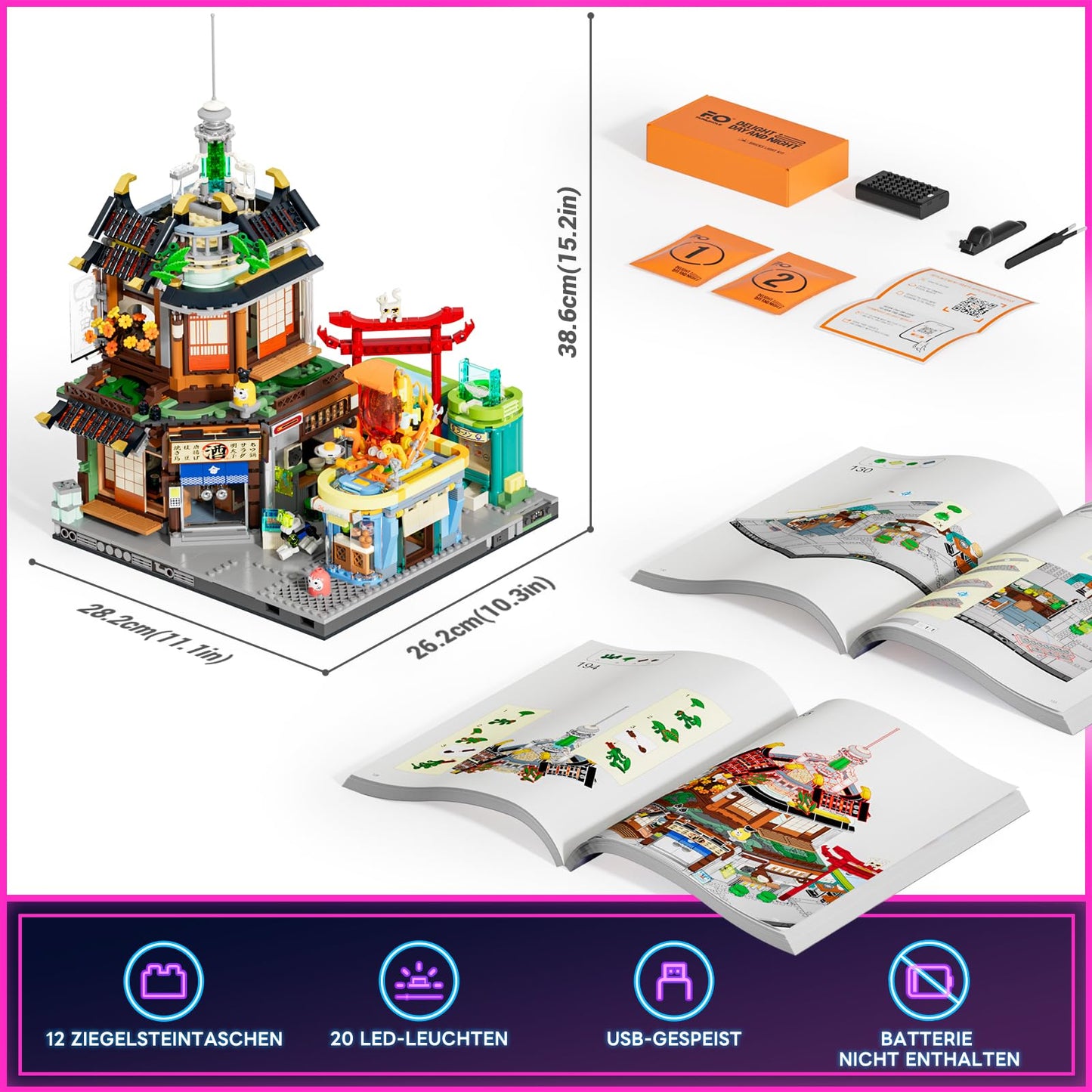 FUNWHOLE Cyberpunk Japanese-Izakaya Lighting-Building Bricks Set | Neon City LED Model (1987 Pcs)