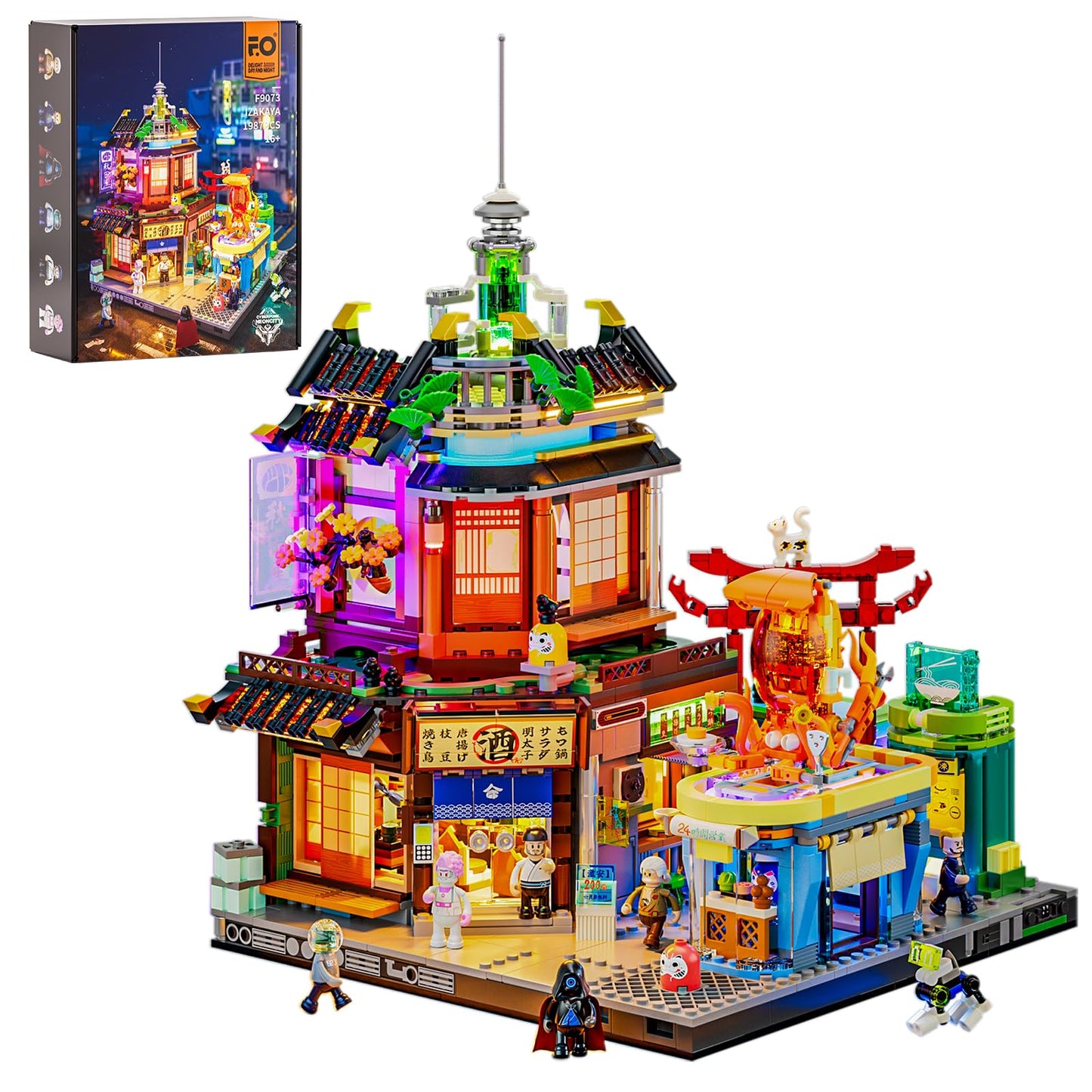 FUNWHOLE Cyberpunk Japanese-Izakaya Lighting-Building Bricks Set | Neon City LED Model (1987 Pcs)