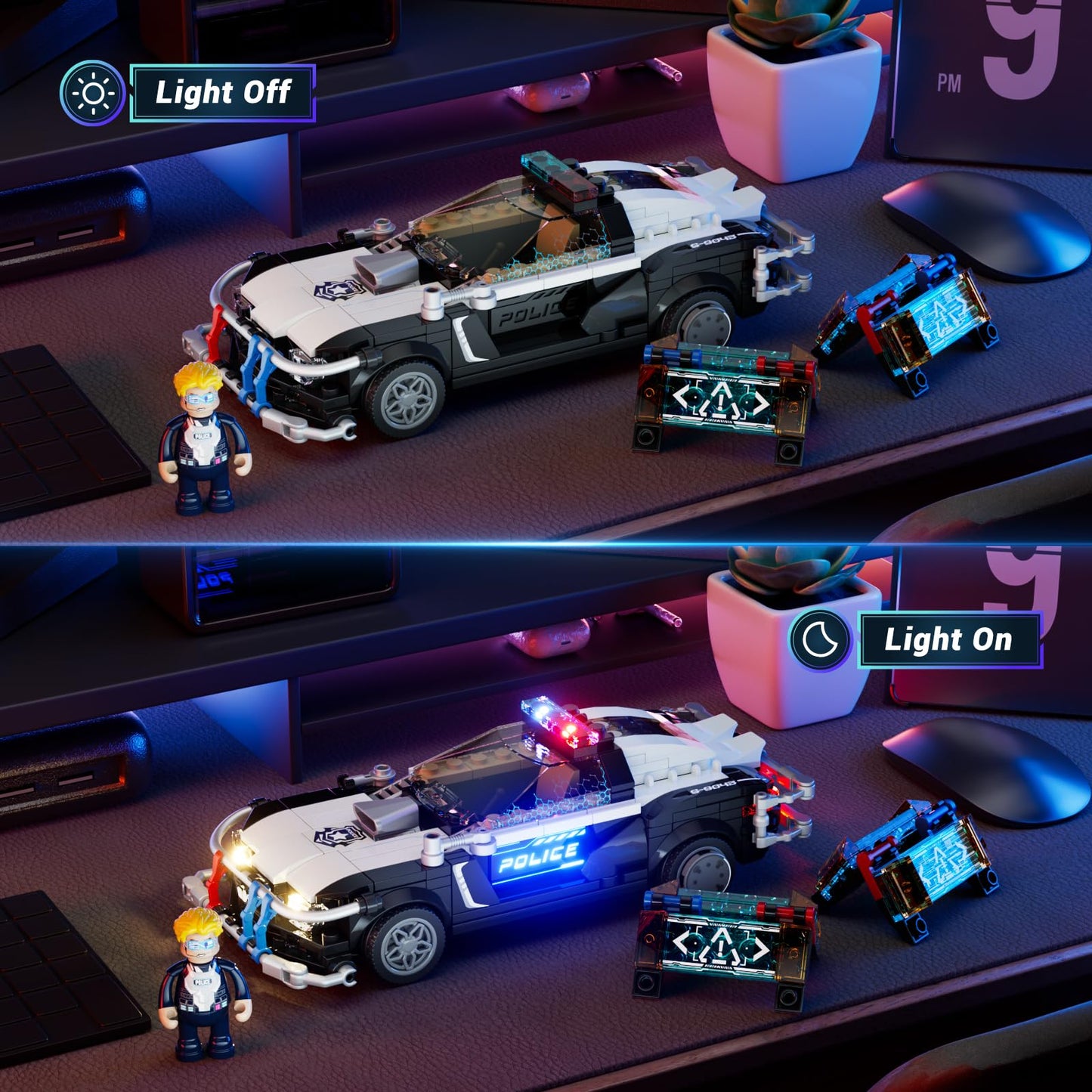 FUNWHOLE Police Patrol Car Lighting Building-Bricks Set – Cyberpunk City Car Chase, 372 Pcs STEM Toy