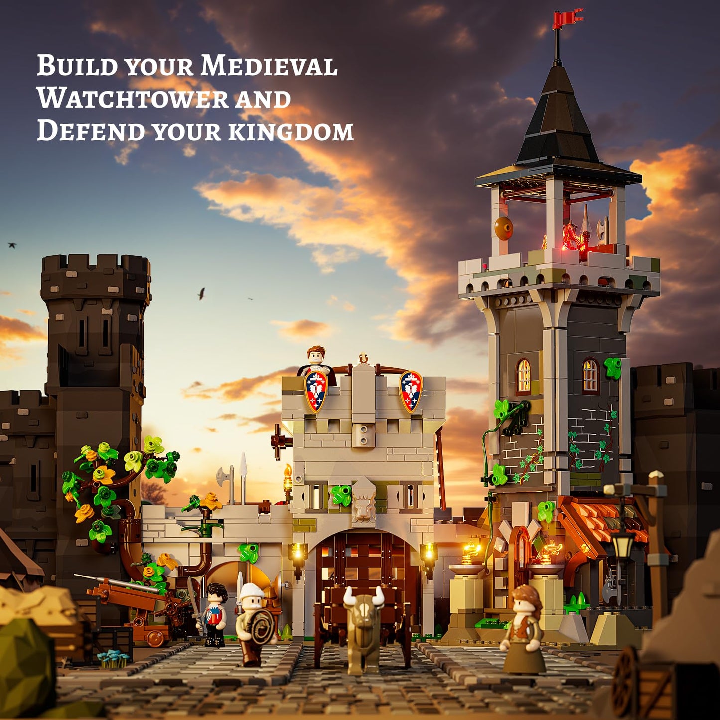 FUNWHOLE Medieval Watchtower Lighting Set – Guardiance Castle 1625 Pcs