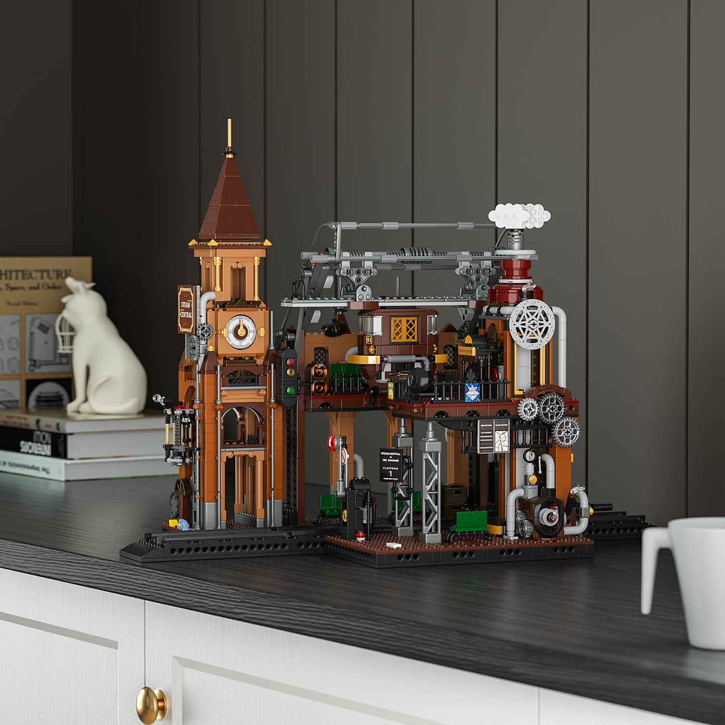 FUNWHOLE Train-Station Lighting Bricks Set – Steampunk LED Build Kit (1843 Pieces)