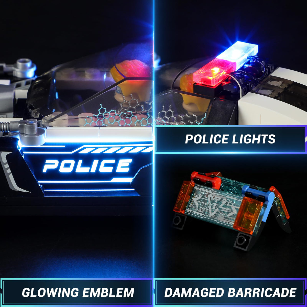 FUNWHOLE Police Patrol Car Lighting Building-Bricks Set – Cyberpunk City Car Chase, 372 Pcs STEM Toy