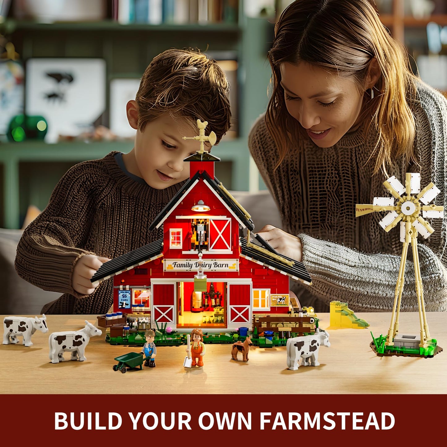 FUNWHOLE Farm Cow-Barn Lighting Building-Bricks Set – 1368 Pcs LED Farm Scene for Adults & Teens