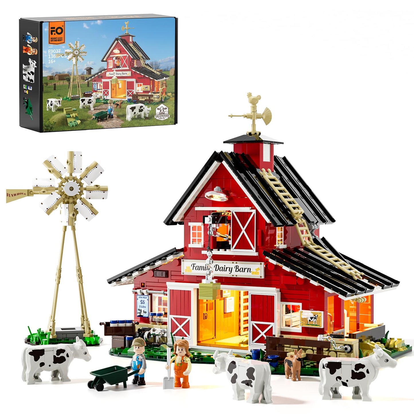 FUNWHOLE Farm Cow-Barn Lighting Building-Bricks Set – 1368 Pcs LED Farm Scene for Adults & Teens