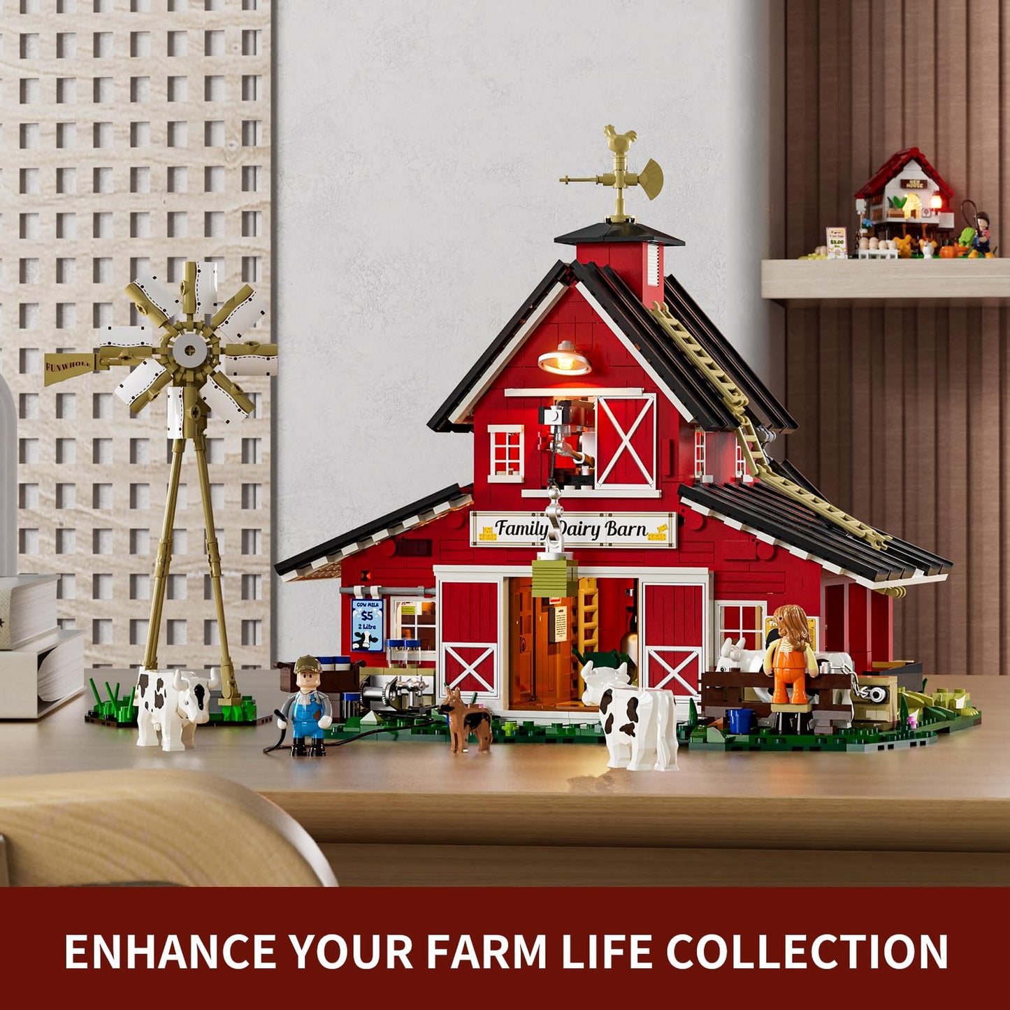 FUNWHOLE Farm Cow-Barn Lighting Building-Bricks Set – 1368 Pcs LED Farm Scene for Adults & Teens
