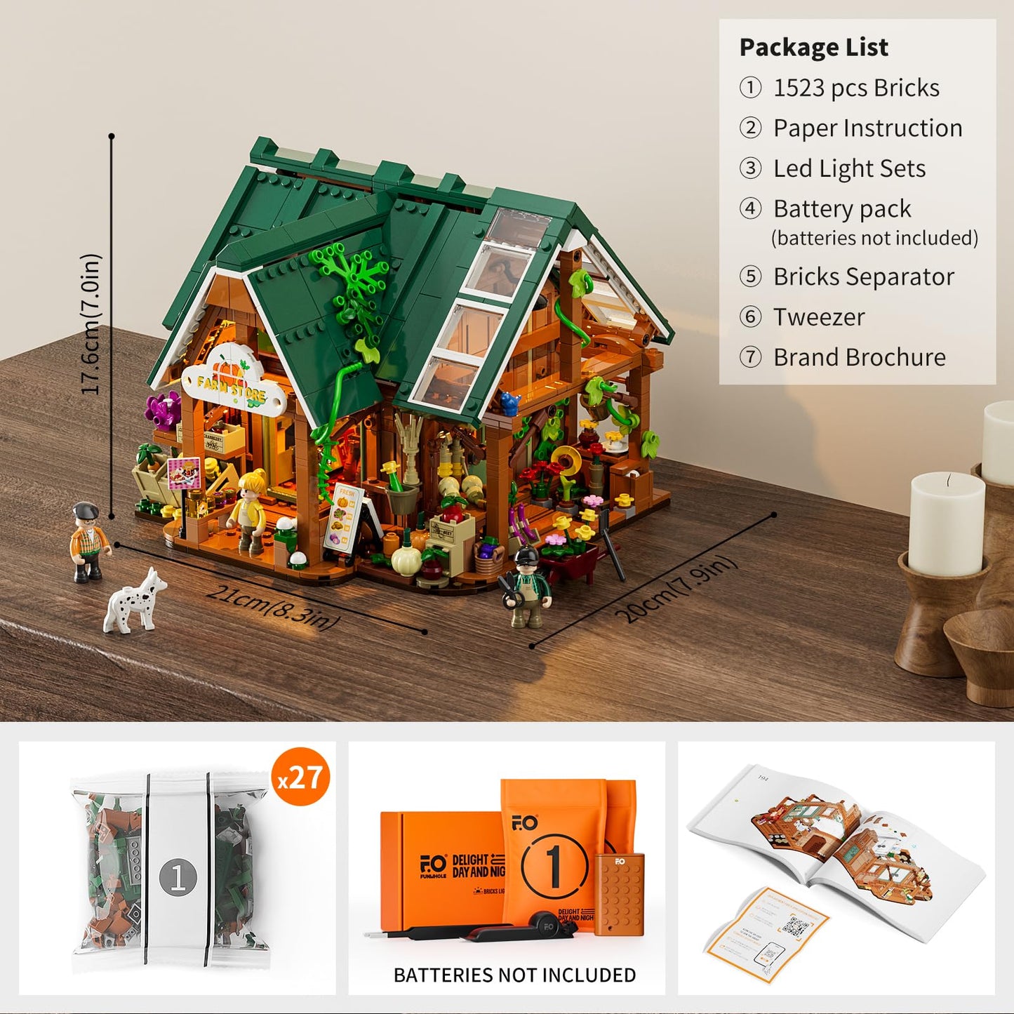 Funwhole Farm-Store Lighting Building-Bricks Set – 1523-Piece Farm Shop LED Model