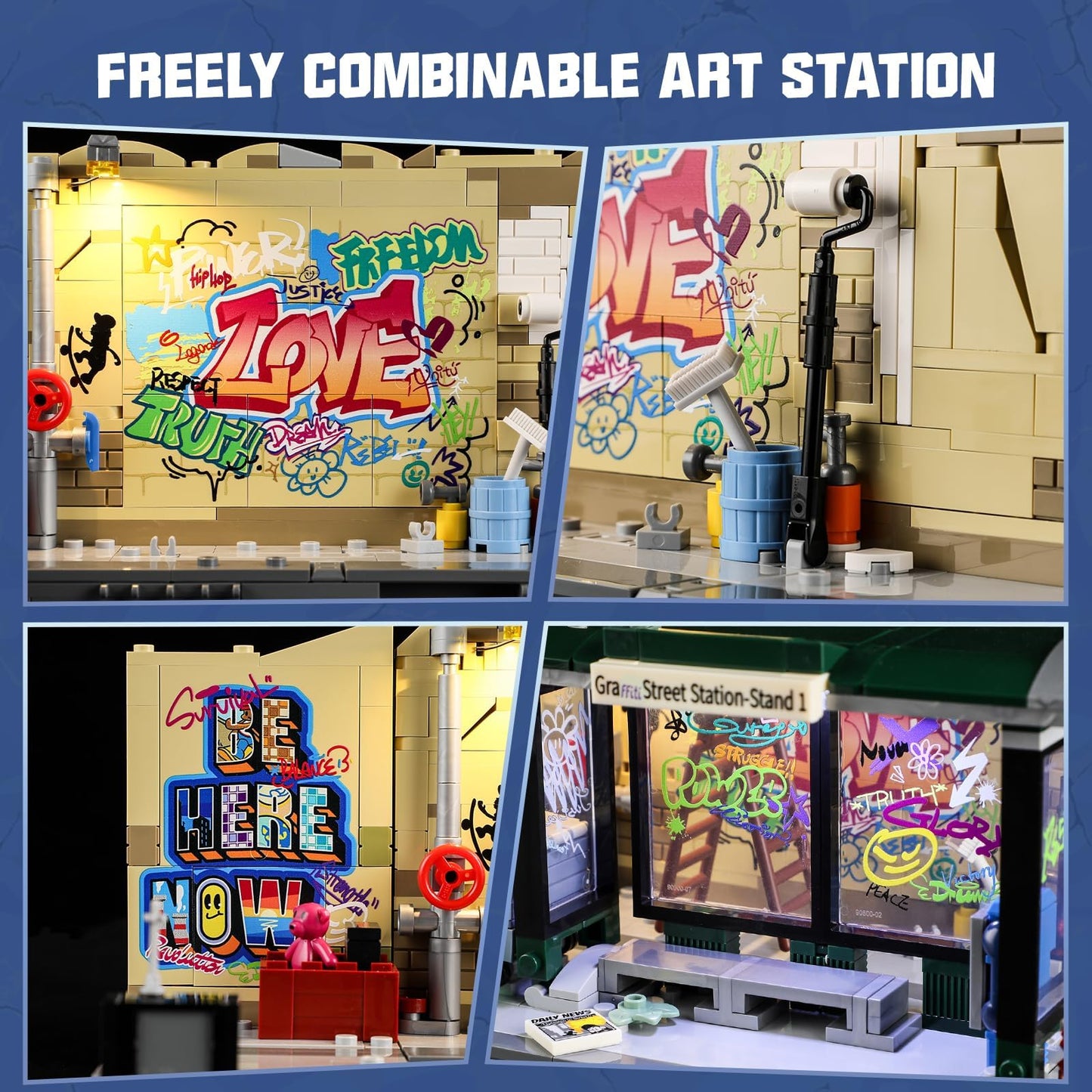 FUNWHOLE Graffiti Bus Stop Building Bricks Set - 514-Pc Modular Street Diorama