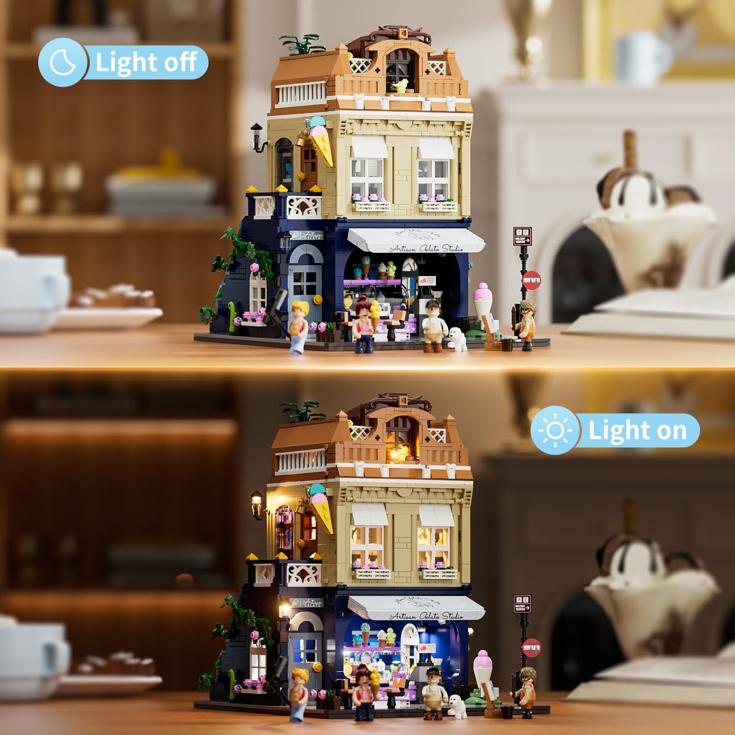 FUNWHOLE Gelato-Store Lighting Building-Bricks Set | 1948-Piece Modular Ice Cream Shop Display