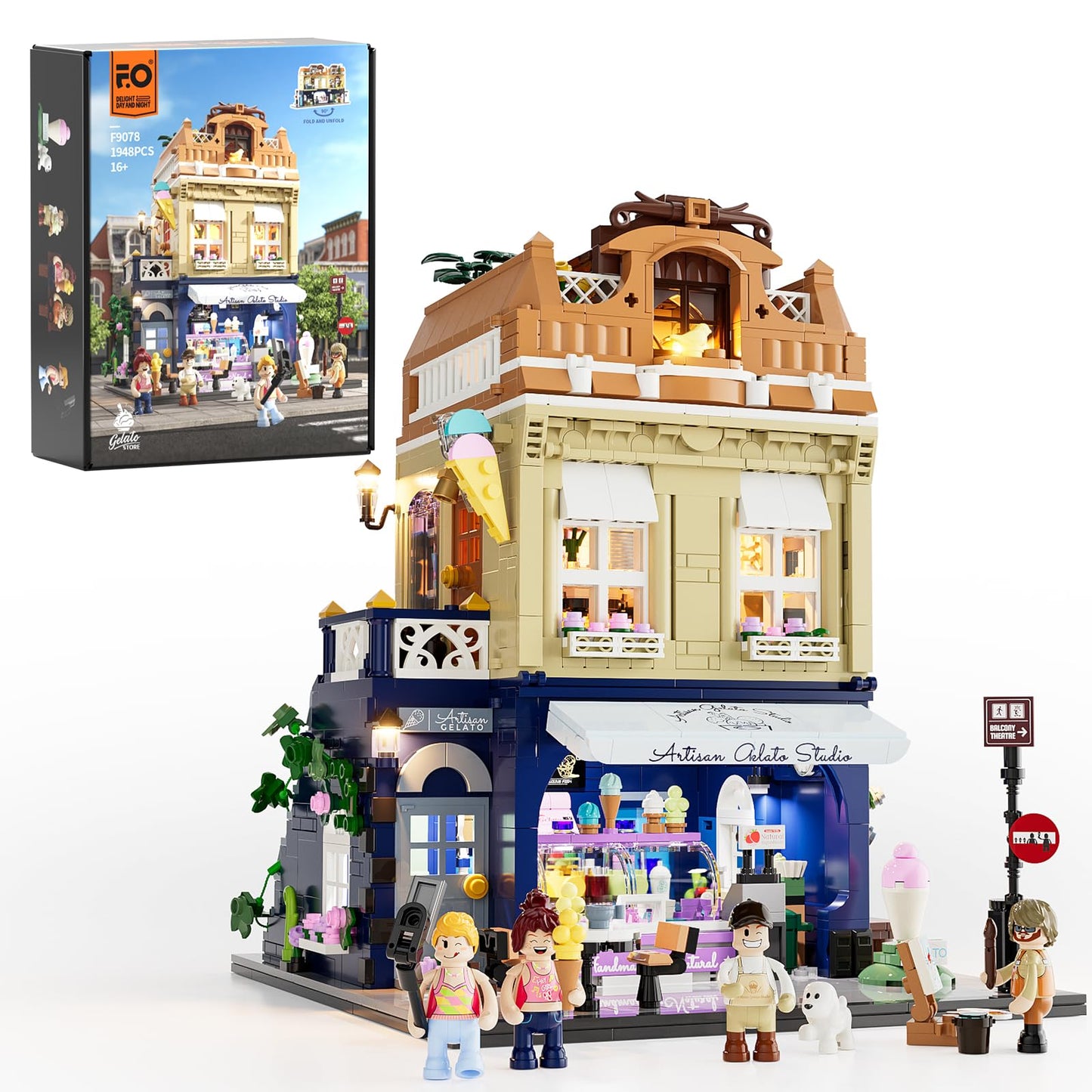 FUNWHOLE Gelato-Store Lighting Building-Bricks Set | 1948-Piece Modular Ice Cream Shop Display