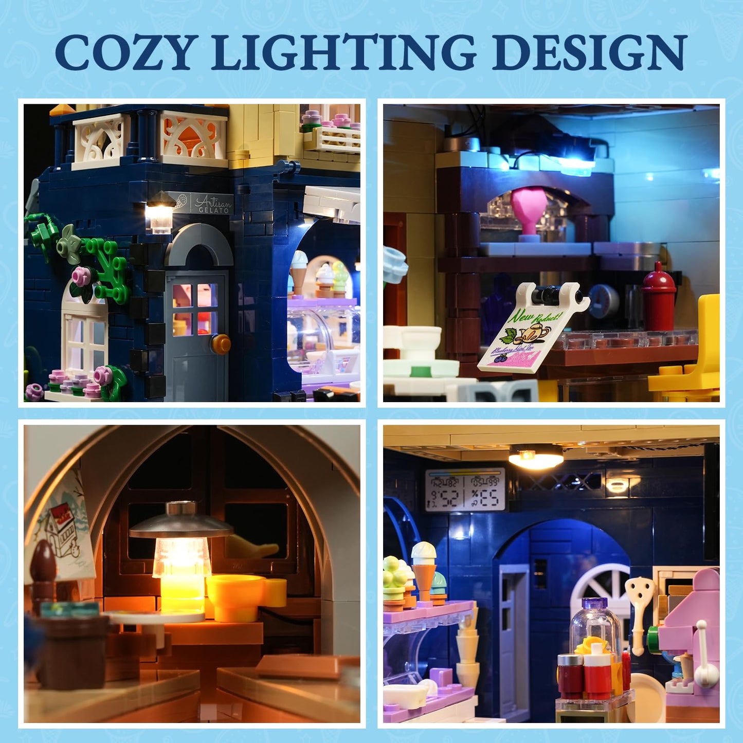 FUNWHOLE Gelato-Store Lighting Building-Bricks Set | 1948-Piece Modular Ice Cream Shop Display