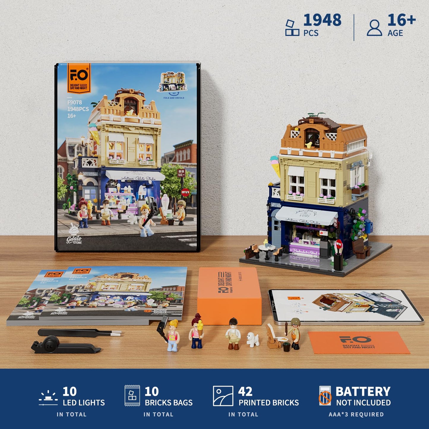 FUNWHOLE Gelato-Store Lighting Building-Bricks Set | 1948-Piece Modular Ice Cream Shop Display