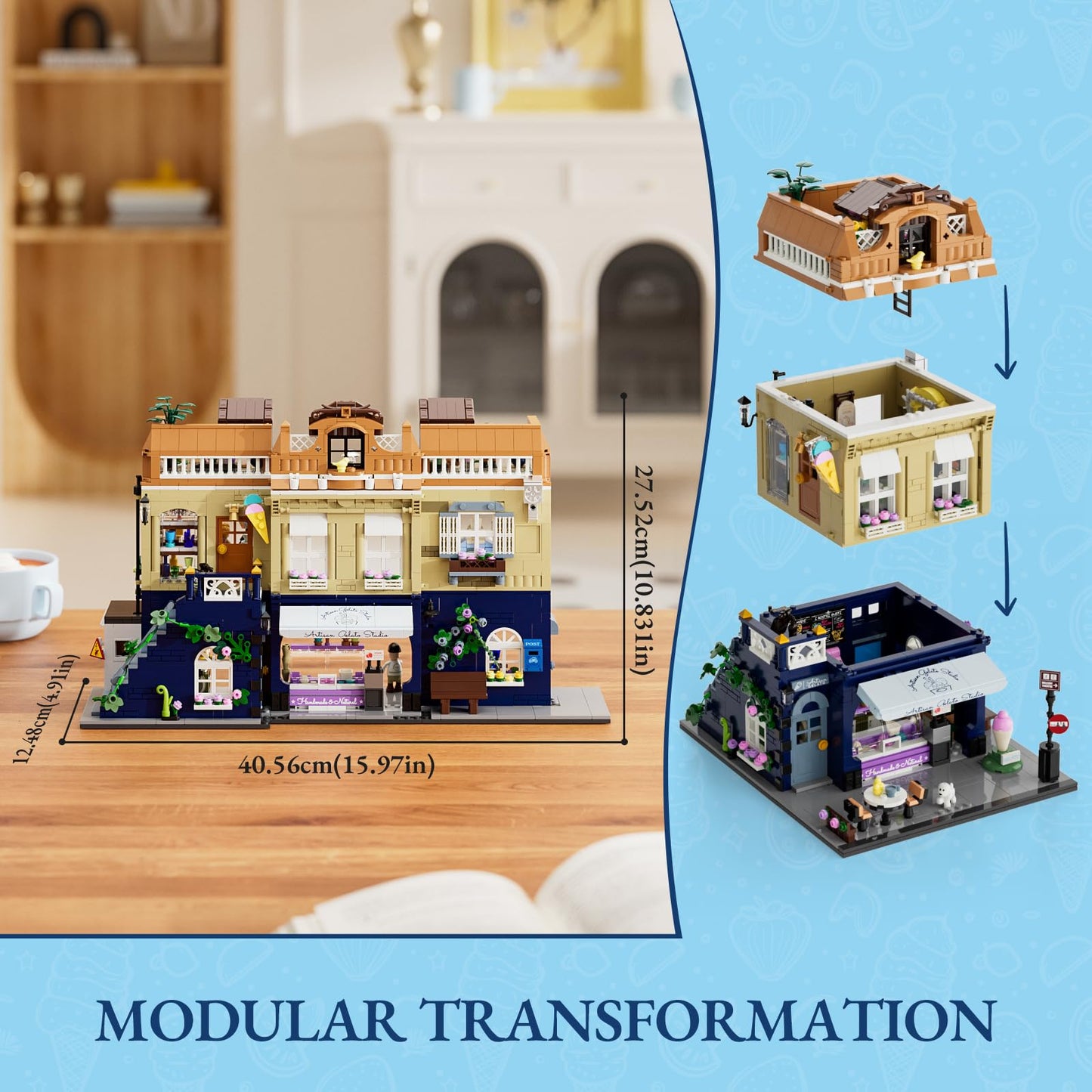 FUNWHOLE Gelato-Store Lighting Building-Bricks Set | 1948-Piece Modular Ice Cream Shop Display