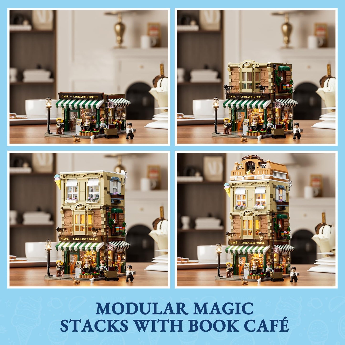 FUNWHOLE Gelato-Store Lighting Building-Bricks Set | 1948-Piece Modular Ice Cream Shop Display