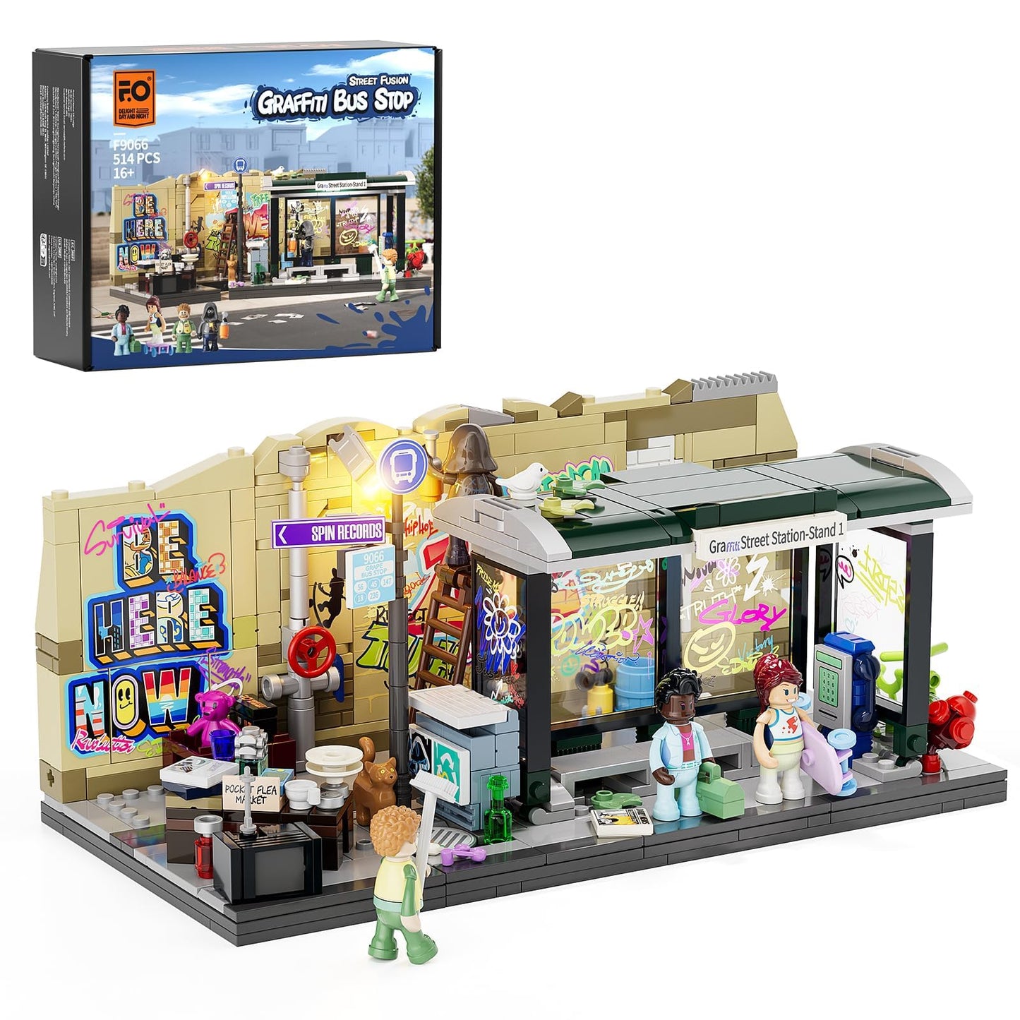 FUNWHOLE Graffiti Bus Stop Building Bricks Set - 514-Pc Modular Street Diorama