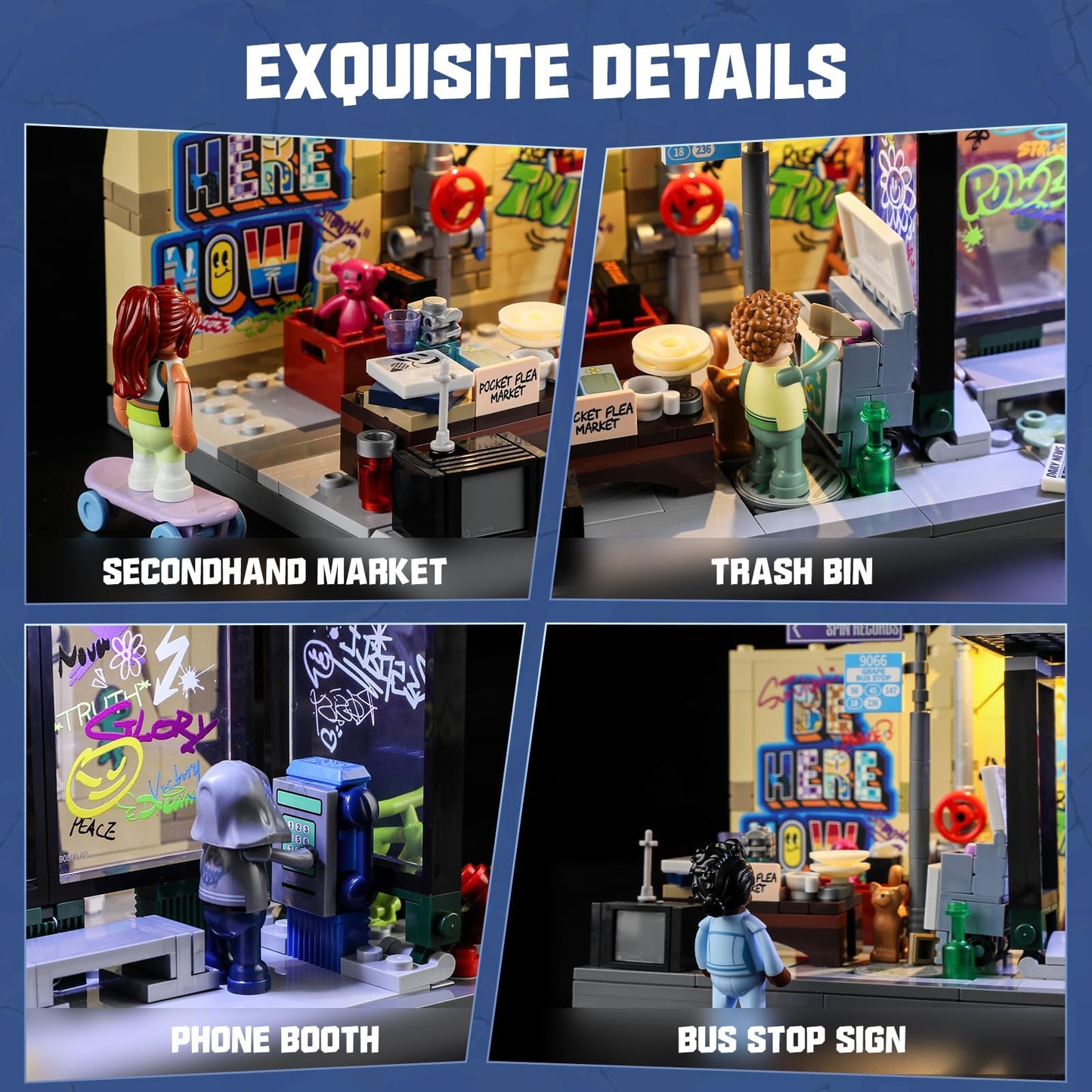 FUNWHOLE Graffiti Bus Stop Building Bricks Set - 514-Pc Modular Street Diorama