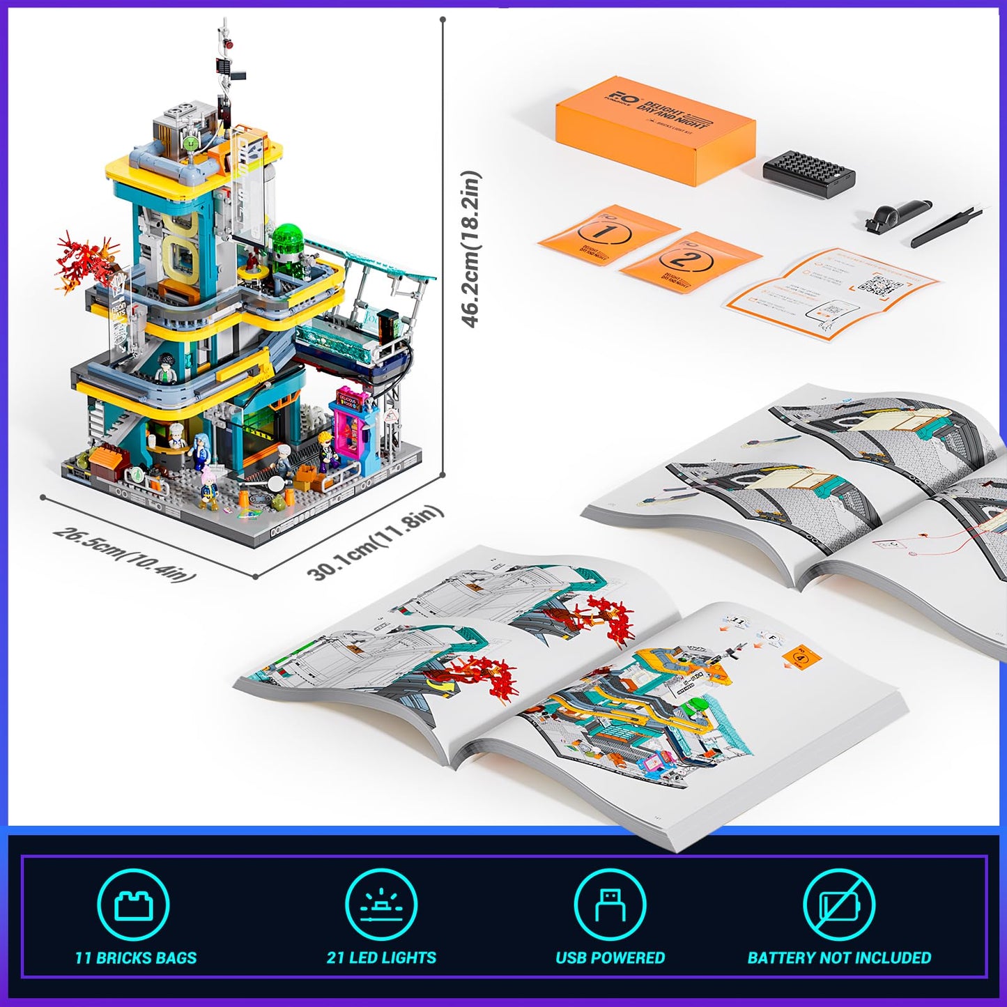 FUNWHOLE Cyberpunk Mansion Lighting Building-Bricks Set – 2524 Pcs Future City Modular Buildings