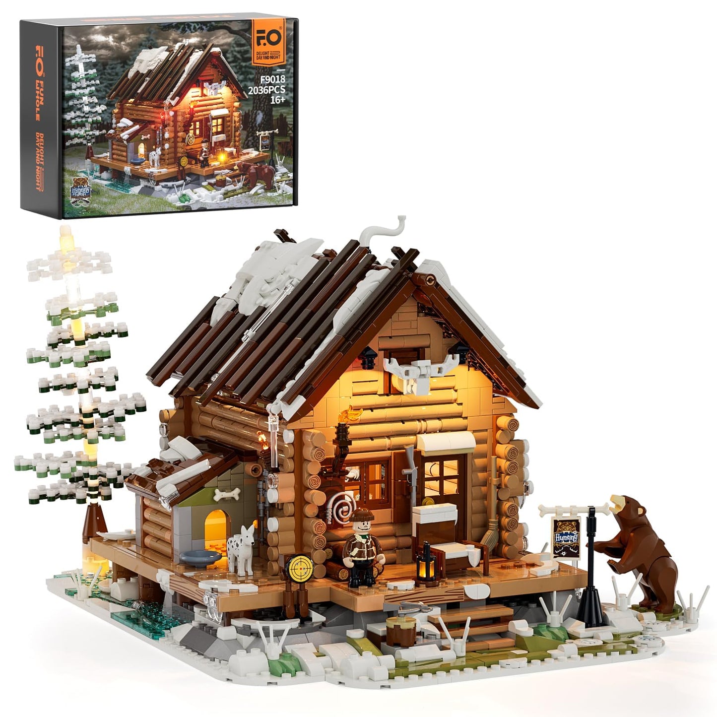 FUNWHOLE Hunting-Cabin Lighting Building Bricks Set | 2036-Piece LED Cabin Kit for Adults and Teens