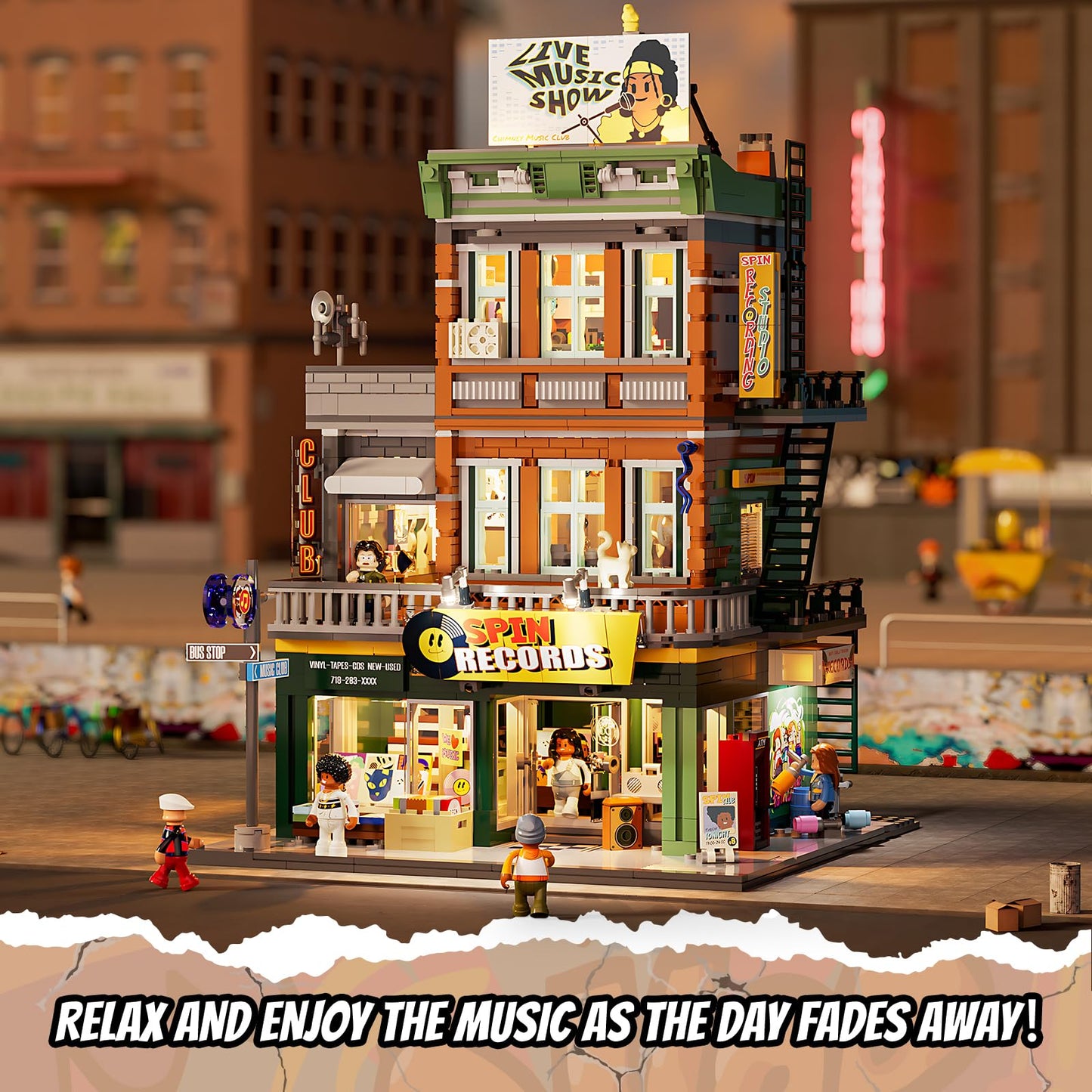 FUNWHOLE Street Fusion Record Store Lighting Bricks Set – 1980 Pcs