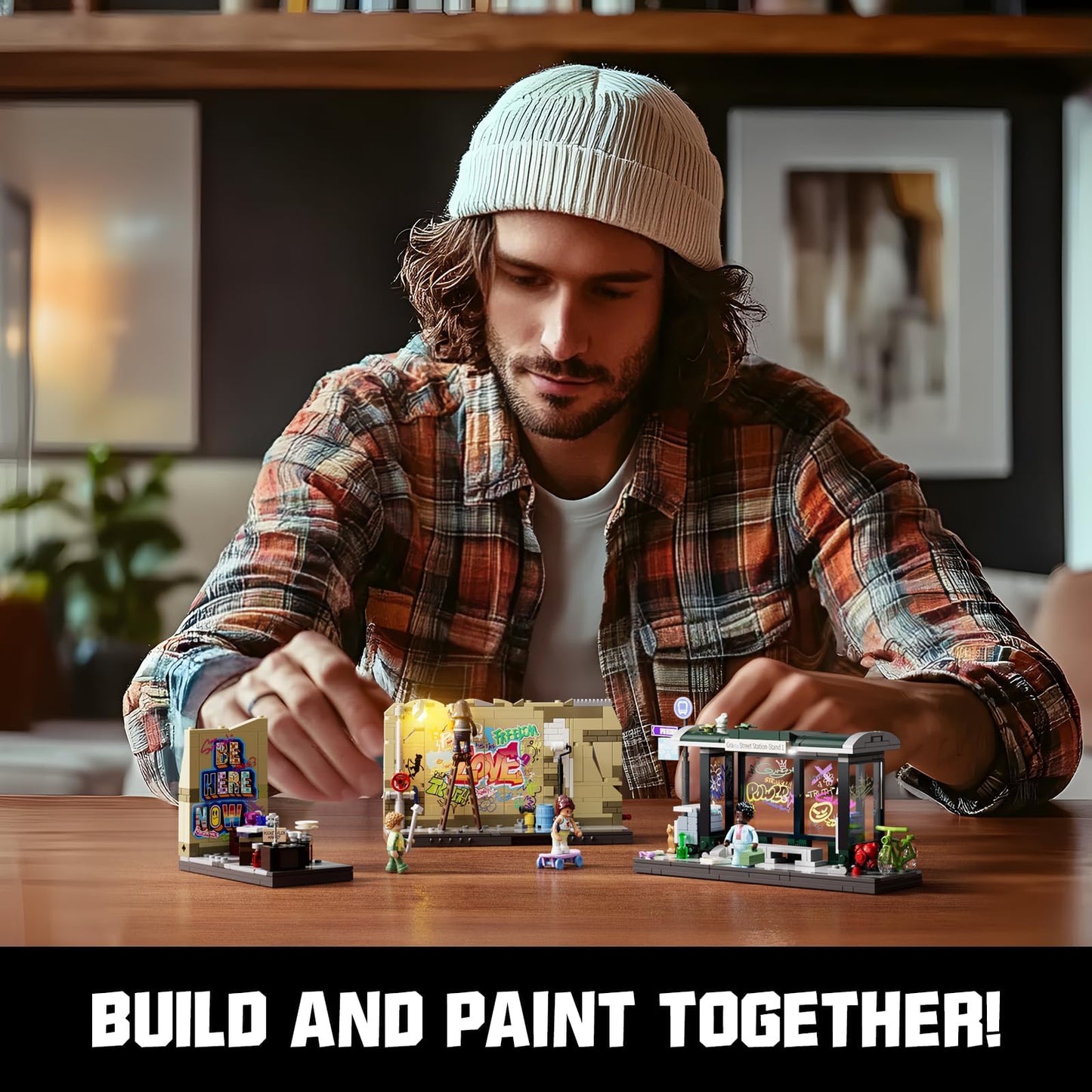 FUNWHOLE Graffiti Bus Stop Building Bricks Set - 514-Pc Modular Street Diorama