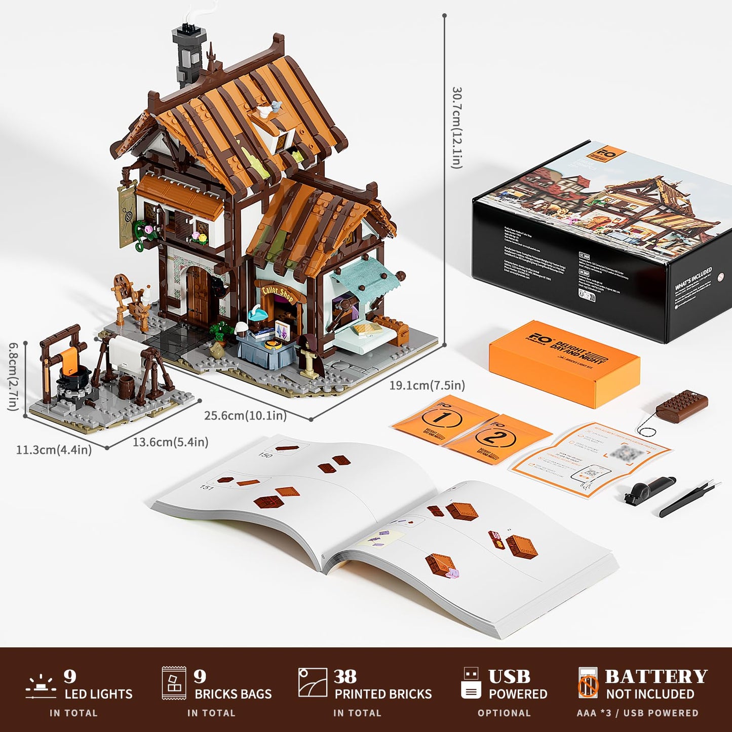 FUNWHOLE Medieval Tailor Shop Lighting Building Bricks Set – 1994 Pcs | Multi-Form Modular Studio