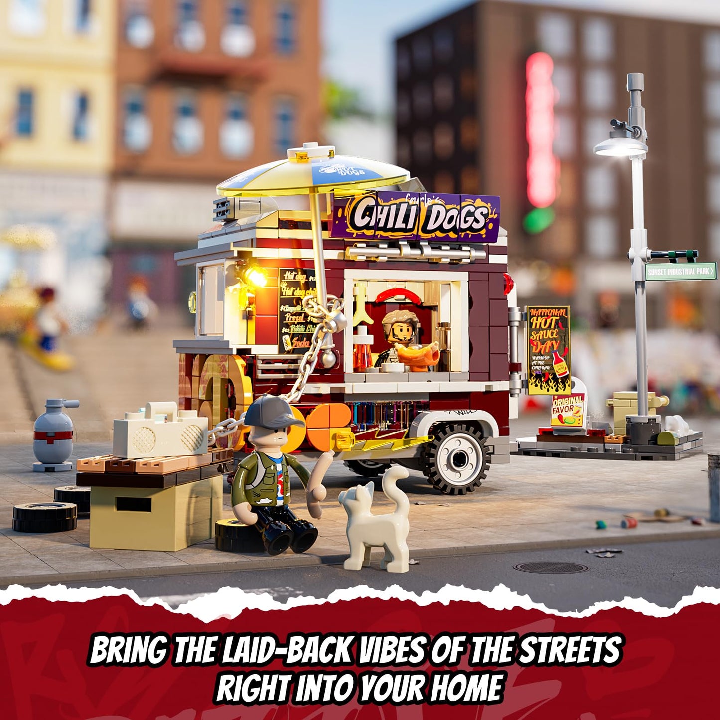 FUNWHOLE Chili Dog Trailer Lighting Bricks Set – Street Fusion City Town LED Food Truck (515 Pcs)