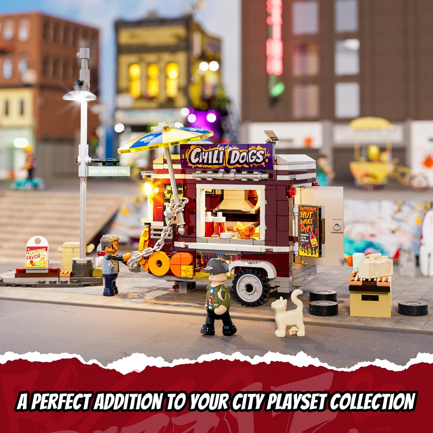 FUNWHOLE Chili Dog Trailer Lighting Bricks Set – Street Fusion City Town LED Food Truck (515 Pcs)