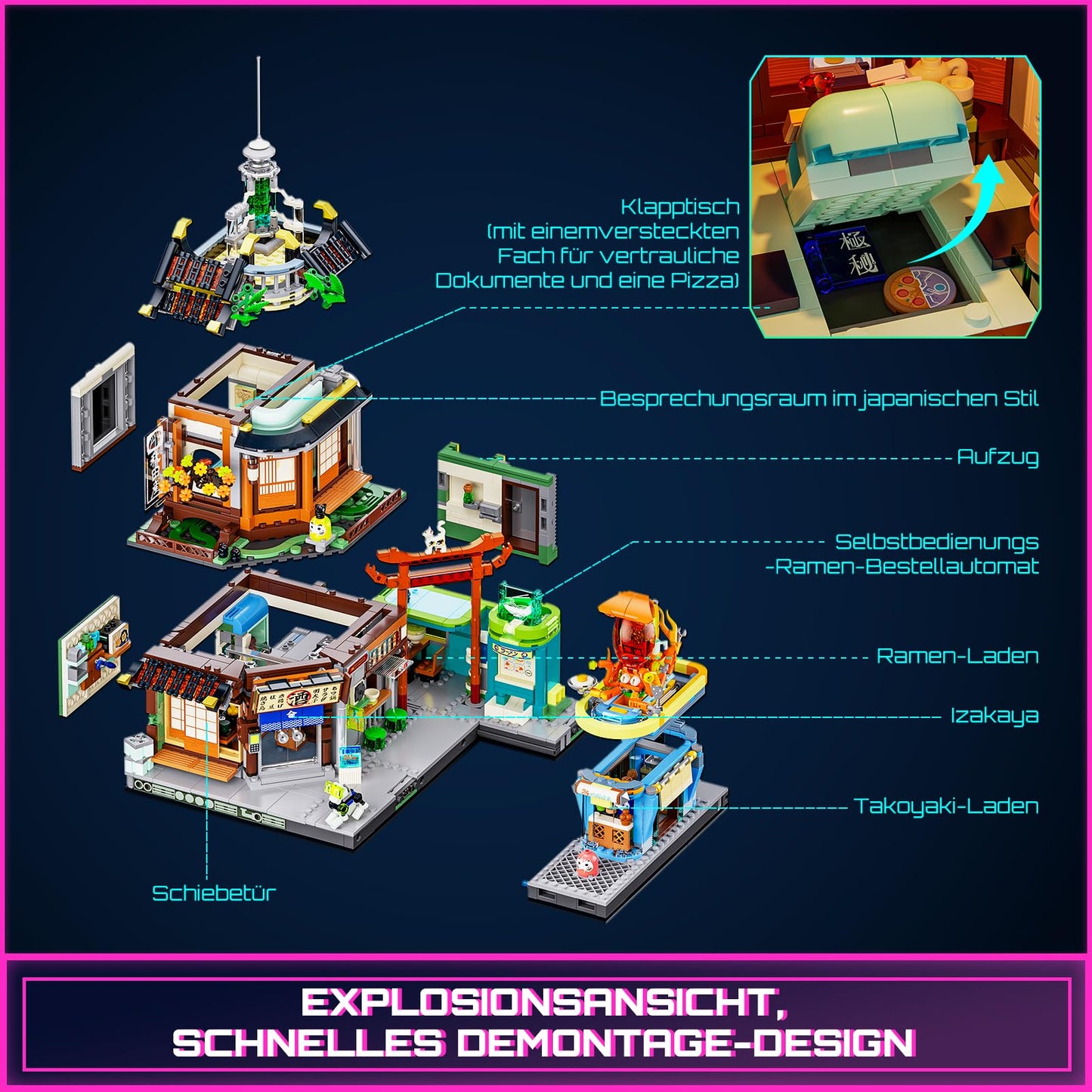 FUNWHOLE Cyberpunk Japanese-Izakaya Lighting-Building Bricks Set | Neon City LED Model (1987 Pcs)