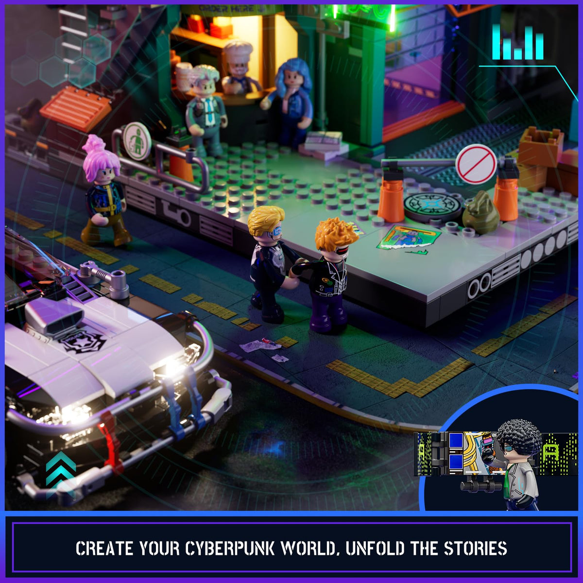 FUNWHOLE Police Patrol Car Lighting Building-Bricks Set – Cyberpunk City Car Chase, 372 Pcs STEM Toy