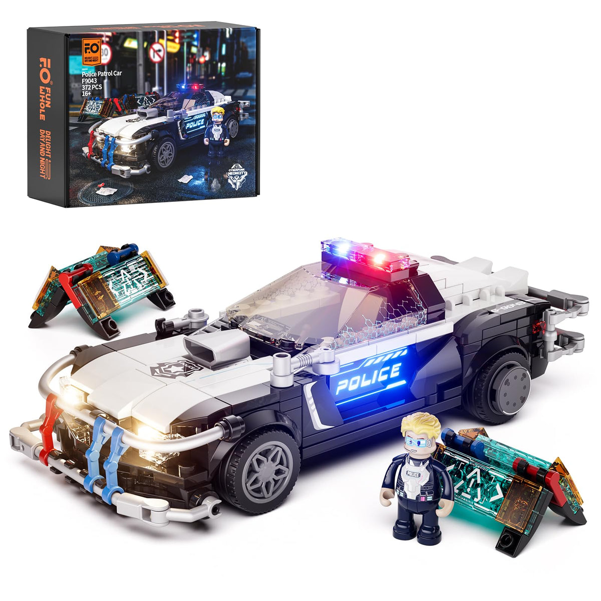 FUNWHOLE Police Patrol Car Lighting Building-Bricks Set – Cyberpunk City Car Chase, 372 Pcs STEM Toy