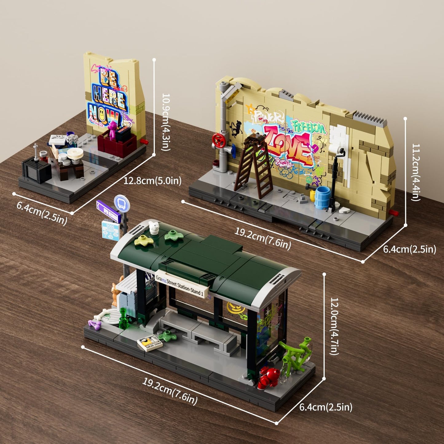 FUNWHOLE Graffiti Bus Stop Building Bricks Set - 514-Pc Modular Street Diorama