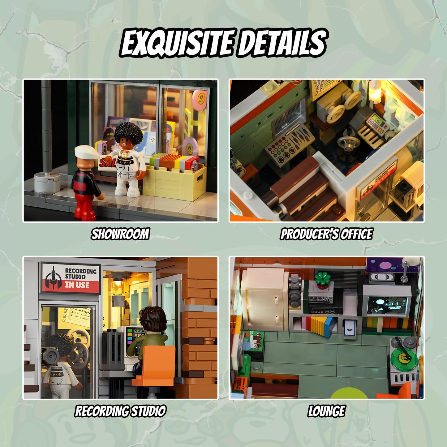 FUNWHOLE Street Fusion Record Store Lighting Bricks Set – 1980 Pcs