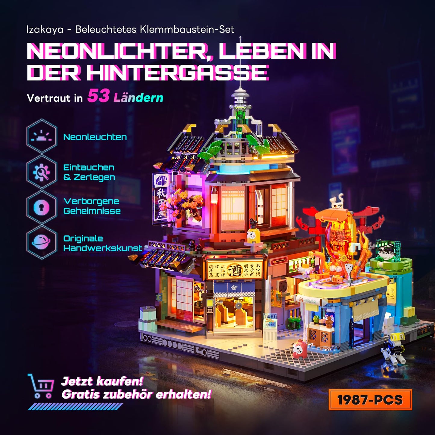 FUNWHOLE Cyberpunk Japanese-Izakaya Lighting-Building Bricks Set | Neon City LED Model (1987 Pcs)