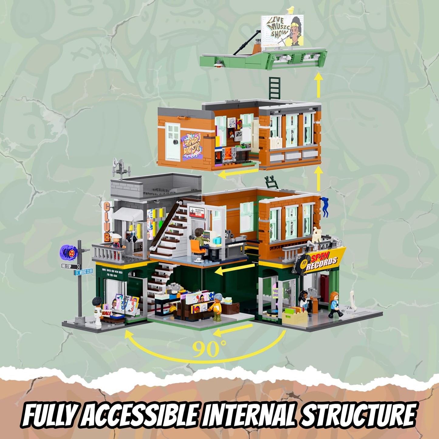 FUNWHOLE Street Fusion Record Store Lighting Bricks Set – 1980 Pcs