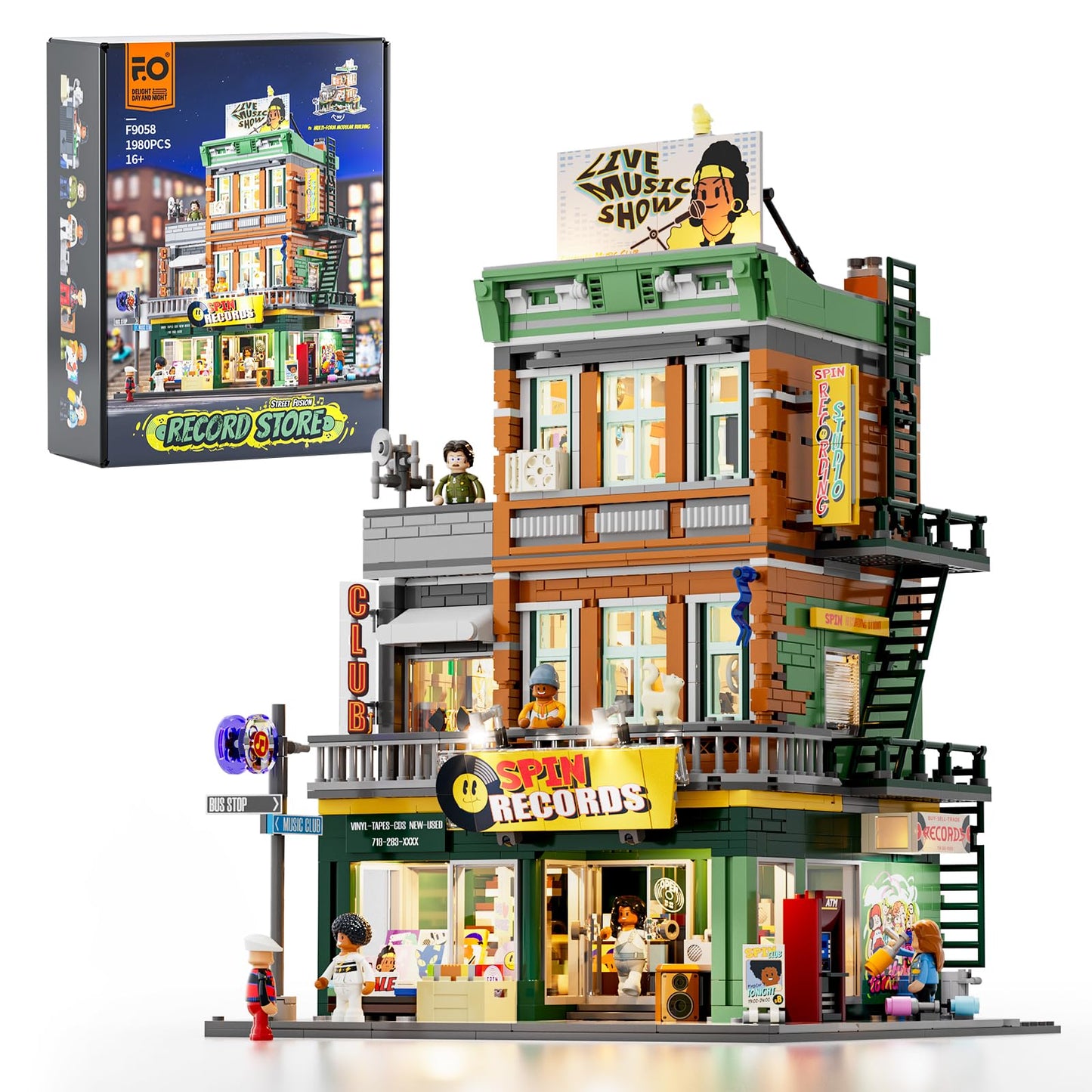 FUNWHOLE Street Fusion Record Store Lighting Bricks Set – 1980 Pcs